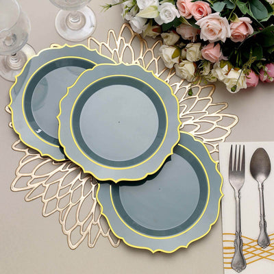 10-Pack Plastic 8" Round Dessert Plates in Dusty Blue with Gold Scalloped Rim - Disposable Appetizer/Salad Plates