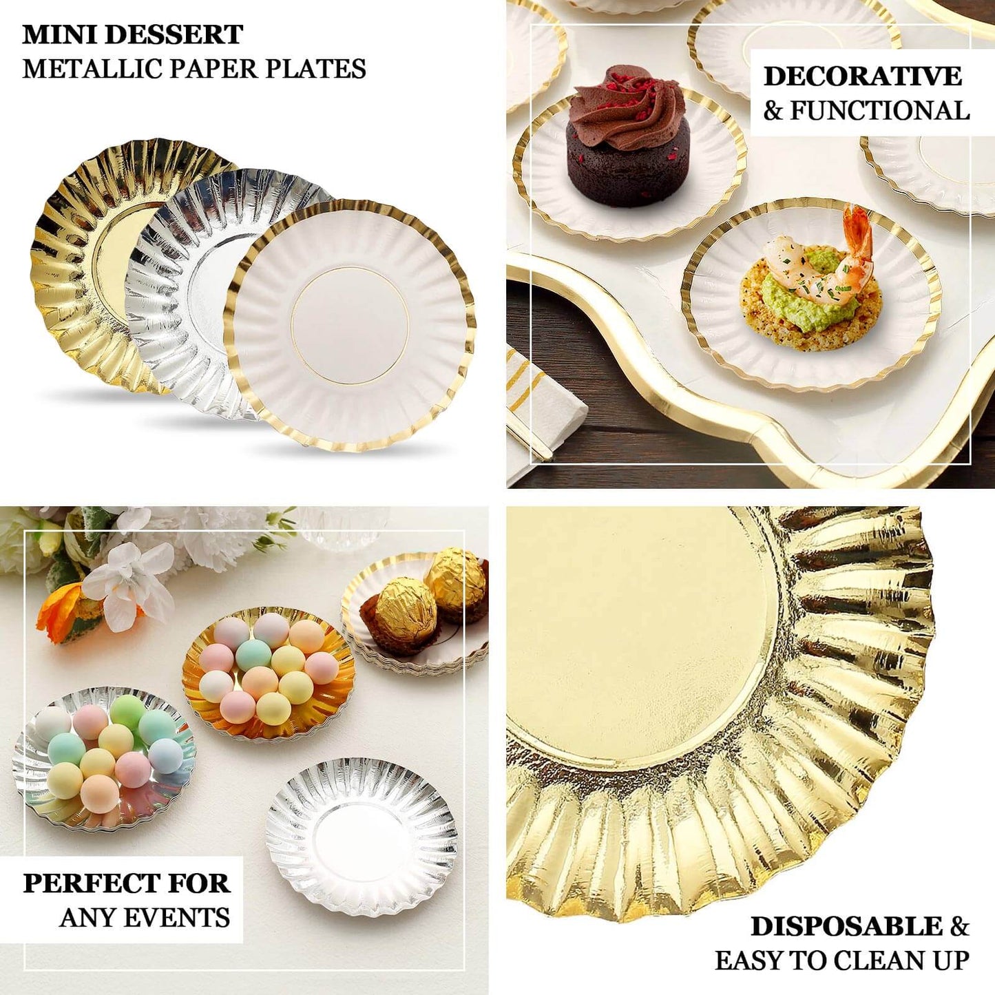 50-Pack Paper 3.5" Round Party Plates in Dusty Sage Green with Gold Scalloped Rim for Tapas, Appetizers & Finger Foods
