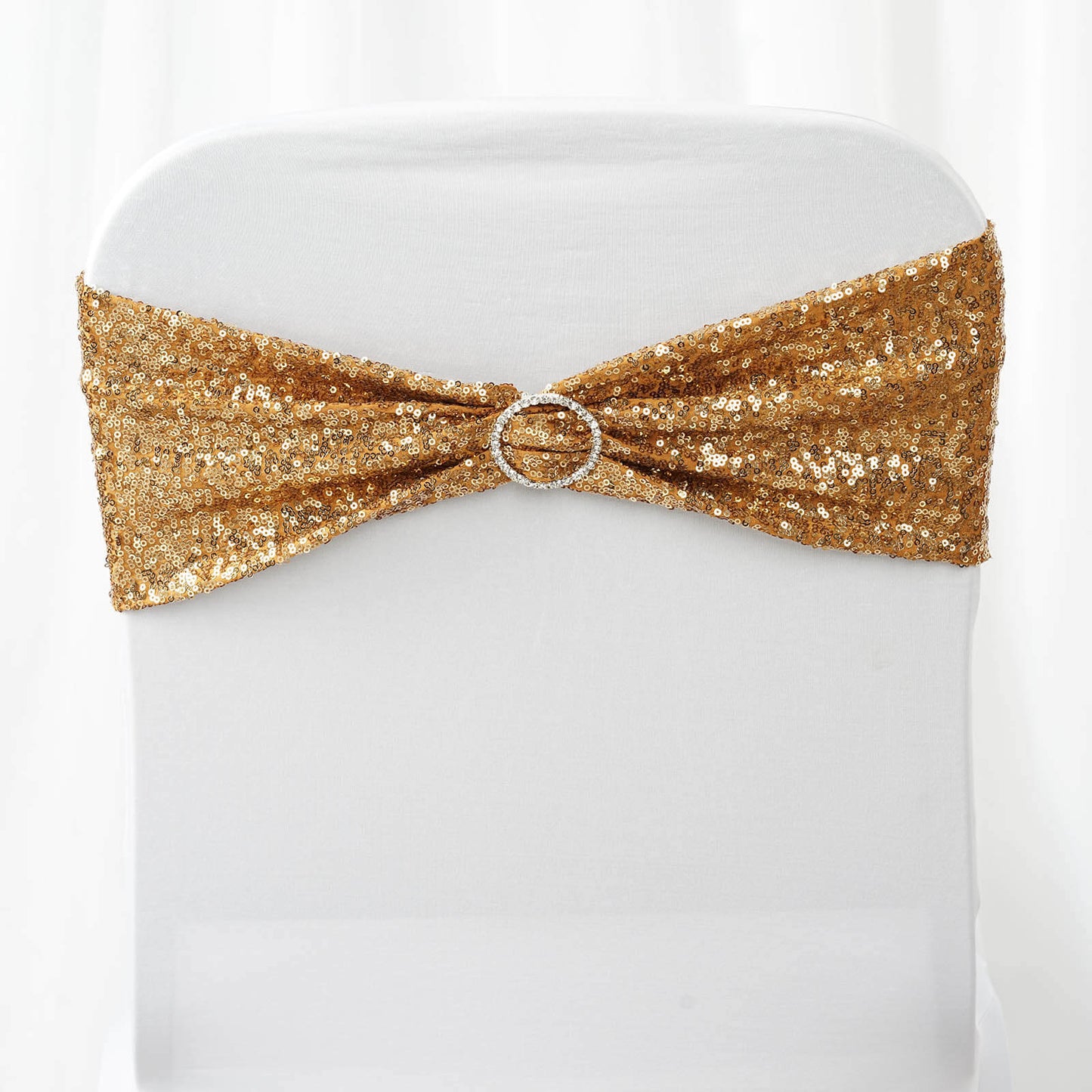 5 Pack Sequin Spandex Chair Sashes Gold - Sparkly Stretch Chair Bands for Glamorous Events 6"x15"