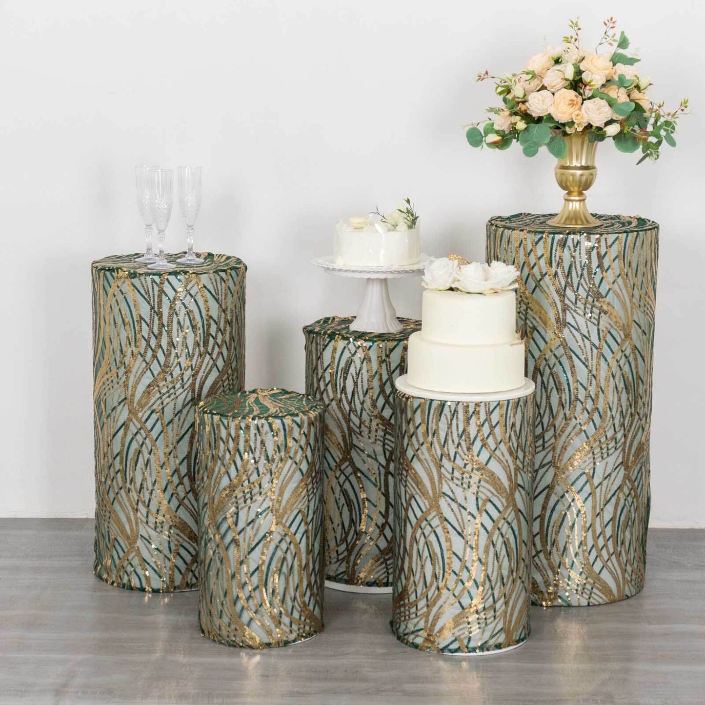 Set of 5 Hunter Green Wave Mesh Cylinder Pedestal Stand Covers with Embroidered Sequins, Emerald Pillar Prop Covers - 160 GSM