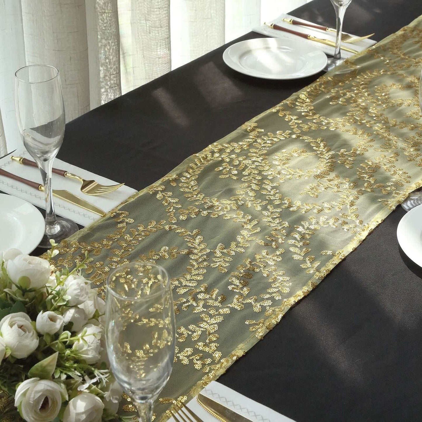 Mesh 12"x108" Table Runner Gold - Leaf Vine Sequin Embroidered Design for Sophisticated Occasion