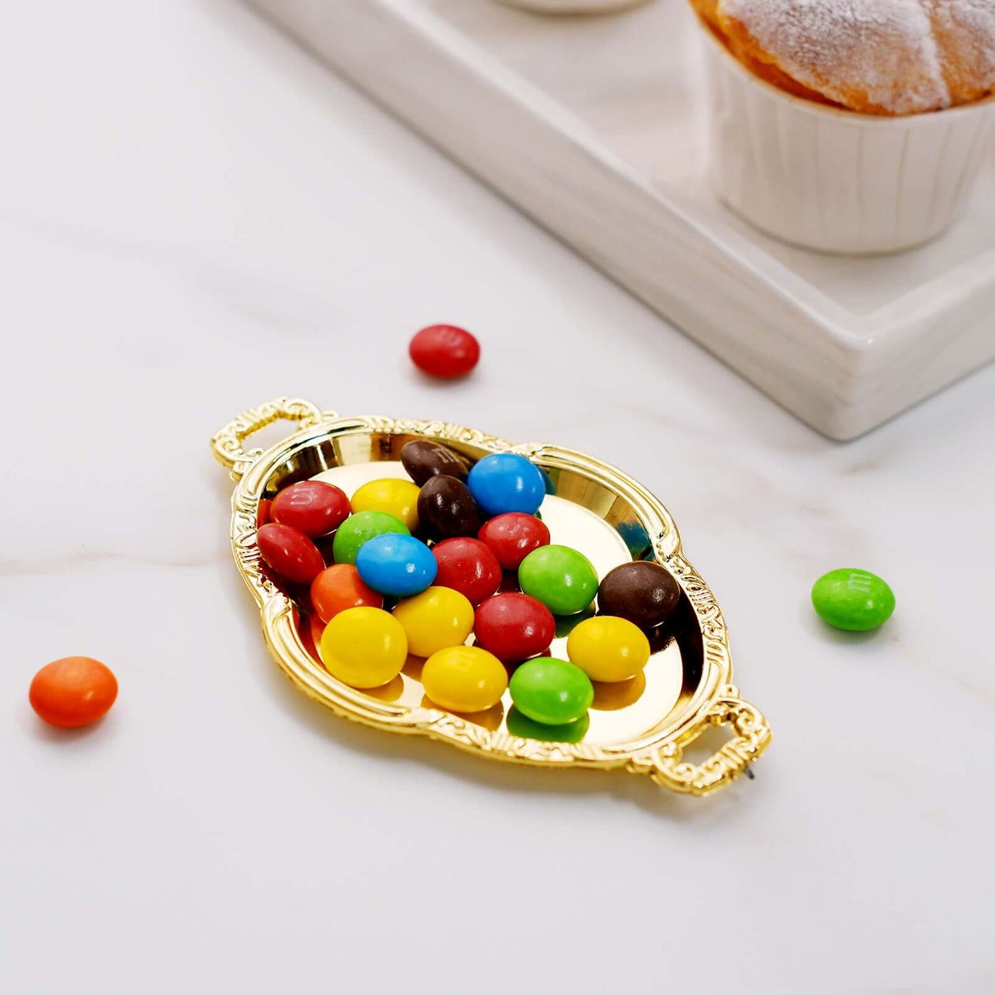 12-Pack Display Trays Party Favor Baroque Oval Design Gold - Mini Serving Platters for Sweets and Desserts 4.5"