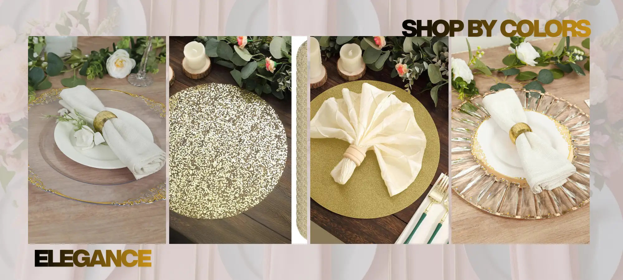 Gold and silver sequined table runner with floral design, elegant napkin rings.