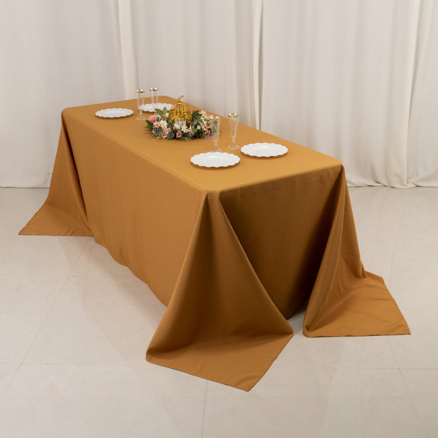 Premium Polyester 90"x132" Rectangle Tablecloth Gold - Seamless 220GSM Stain-Resistant Design for Luxurious Events