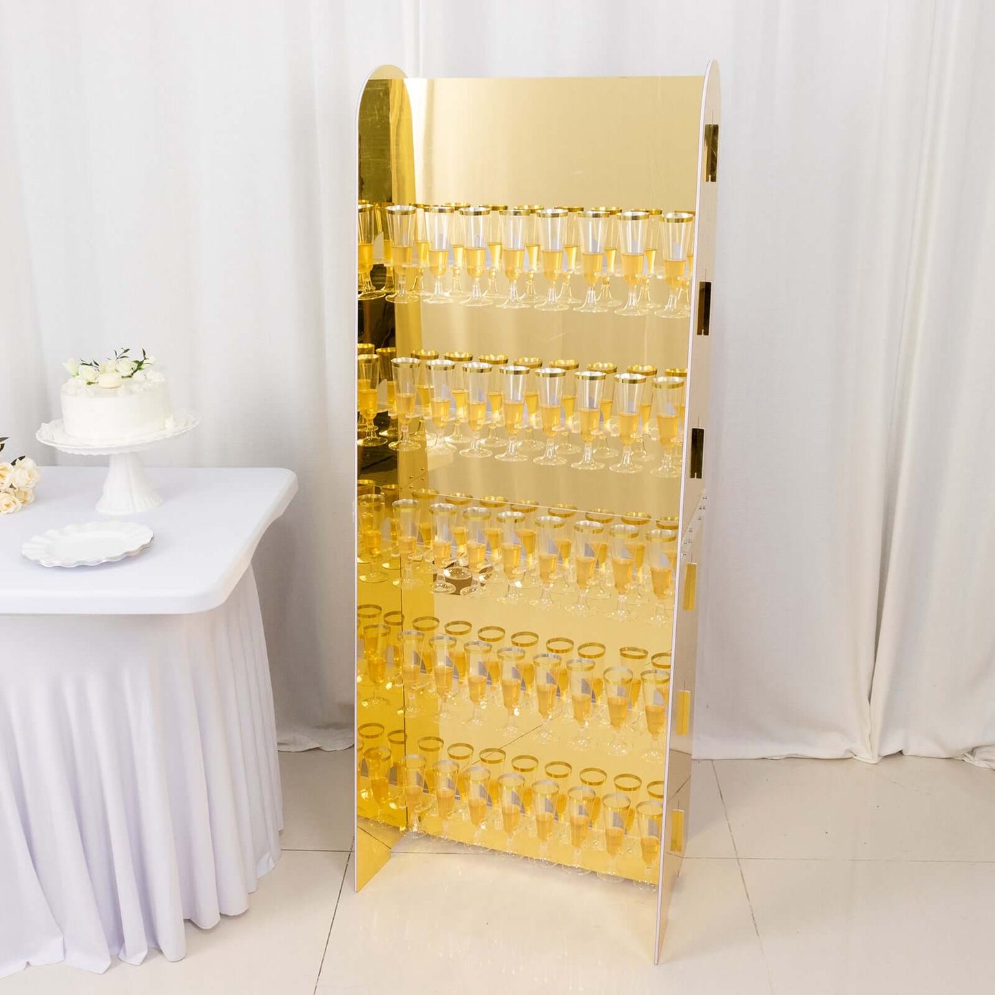 5-Tier Champagne Wall Glass Holder in Gold Mirror Finish, 40 Stemware Rack Cocktail Display Drink Organizer for Classy Events & Banquets 5ft