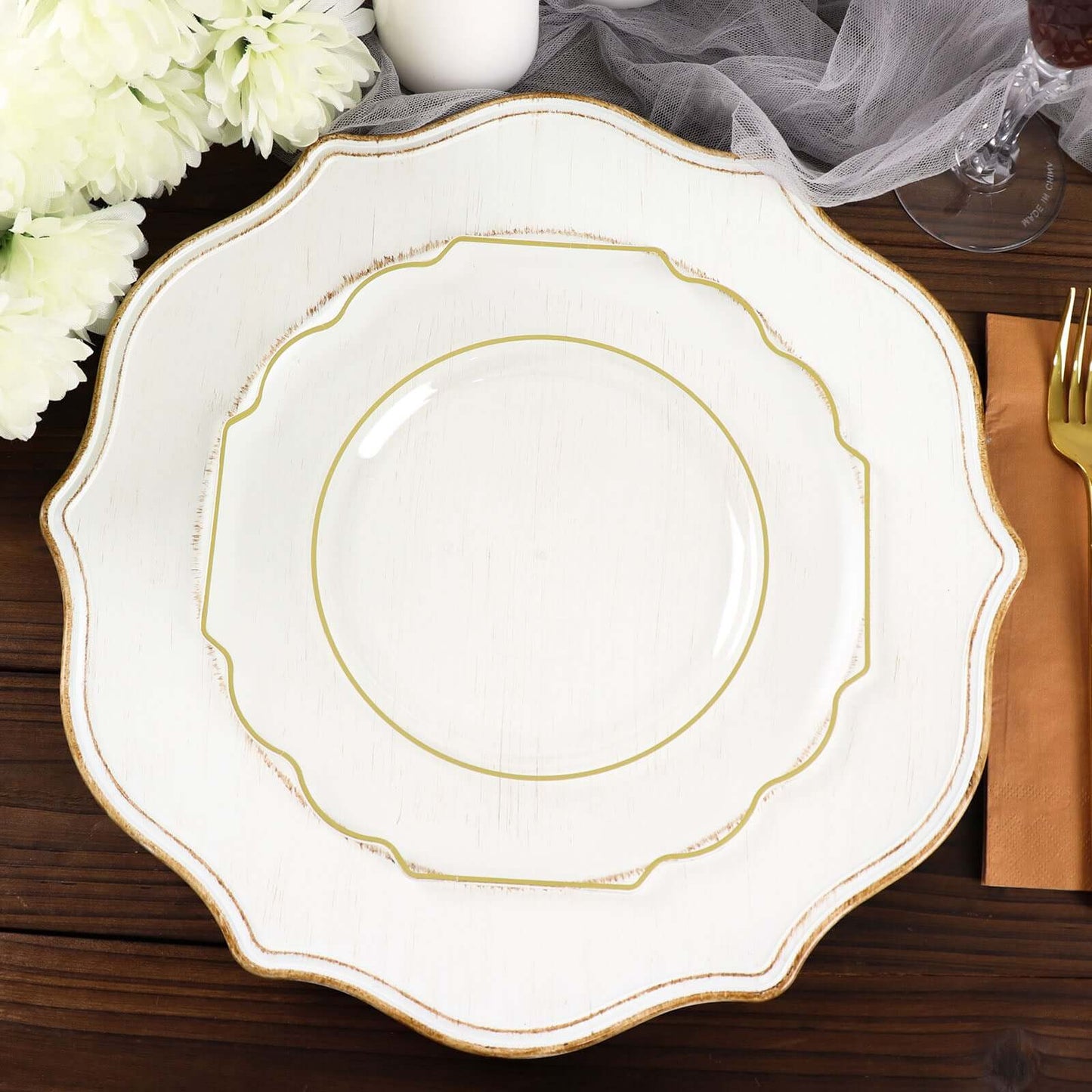 10-Pack Plastic Dessert Appetizer Plates in Clear Baroque Design with Scalloped Gold Rim - Heavy Duty Disposable Salad Plates 8"