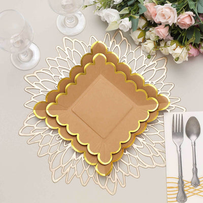 25-Pack Paper 7" Square Dessert Plates in Natural Brown with Gold Scalloped Rim - Disposable Salad Appetizer Party Plates for Stylish Outdoor Events & Boho Celebrations
