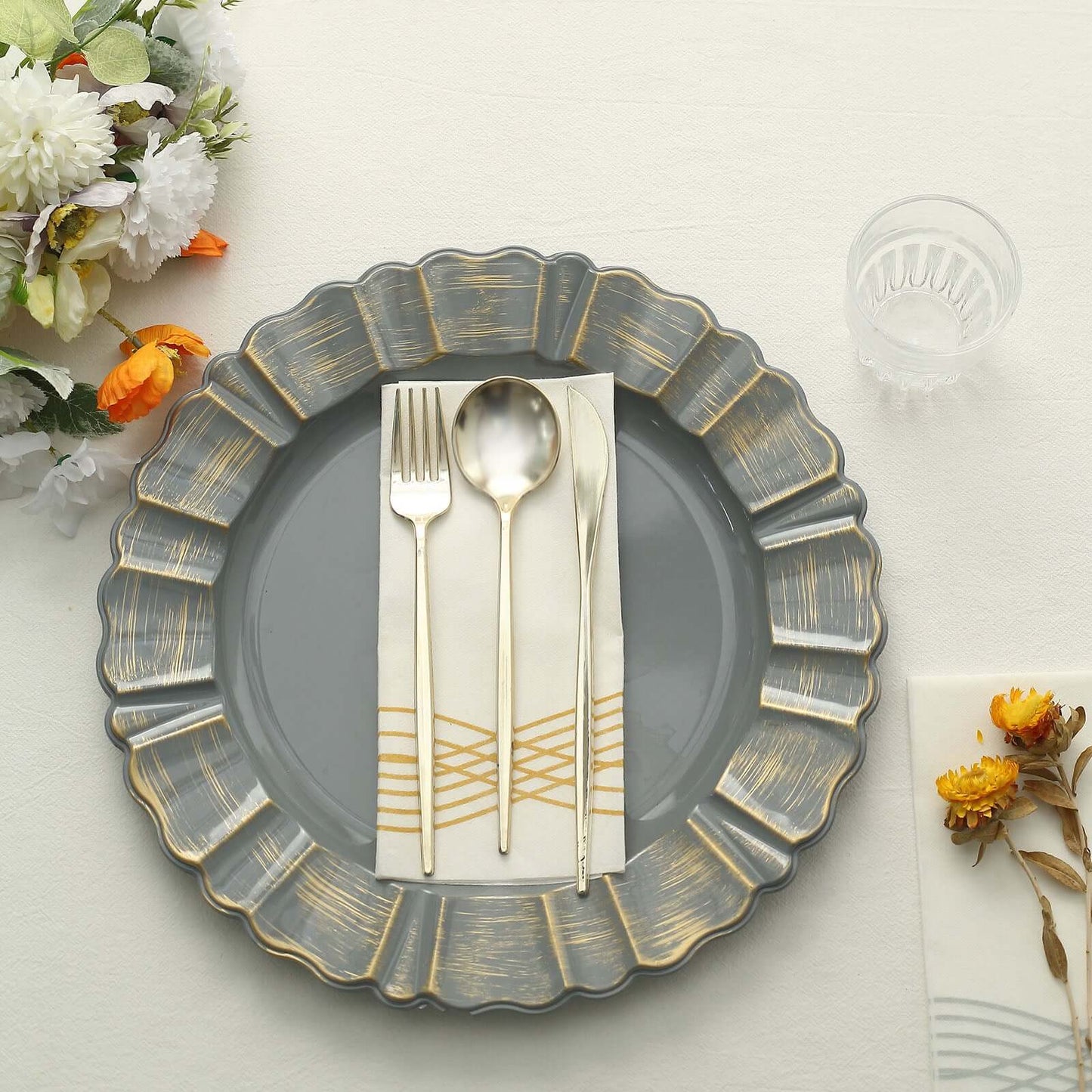 6-Pack Acrylic Plastic Round Charger Plates 13" in Charcoal Gray with Gold Brushed Wavy Scalloped Rim, Decorative Dinner Party Charger Tableware