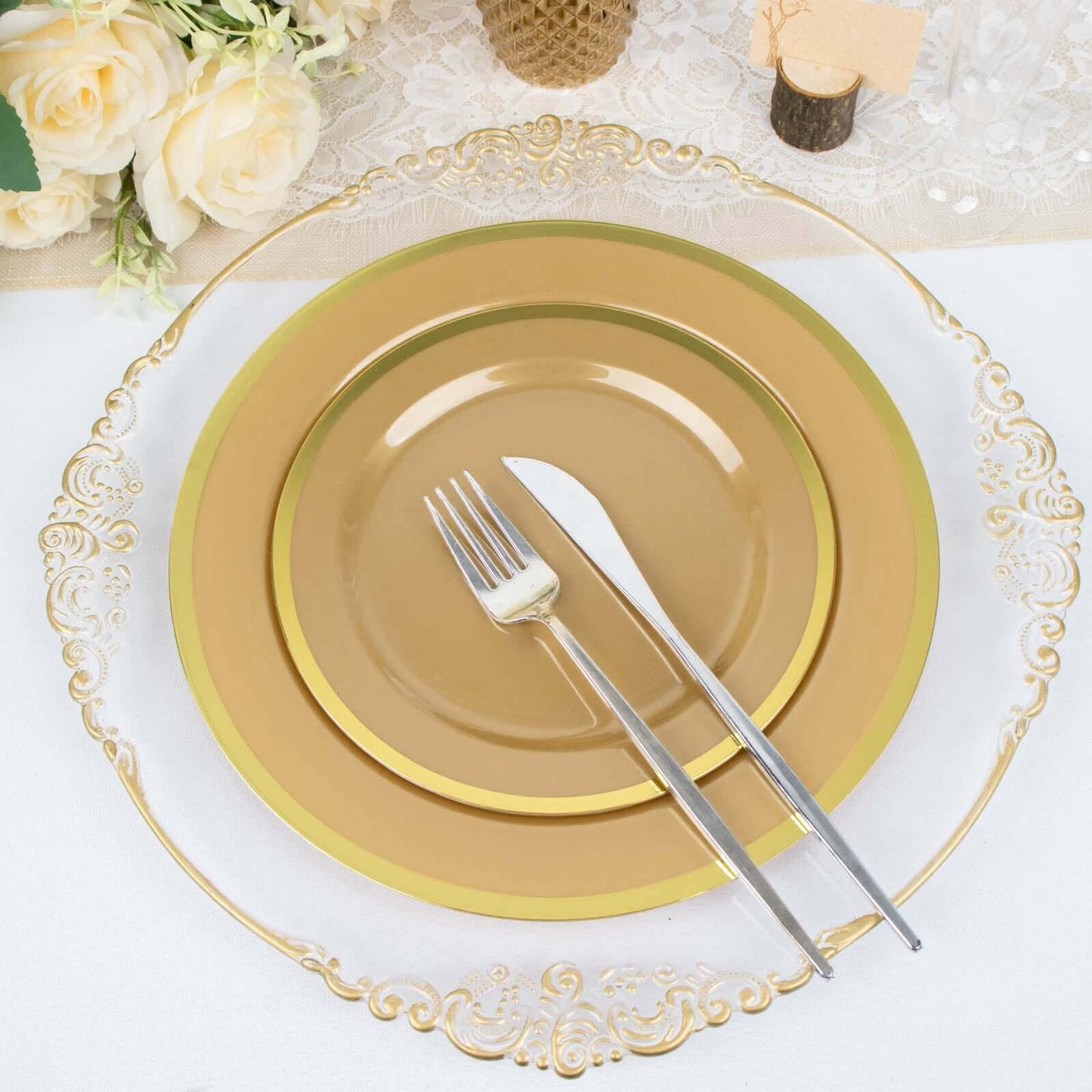 10-Pack Plastic 10" Round Dinner Plates in Gold - Disposable Party Plates for Classy Banquets & Special Occasions
