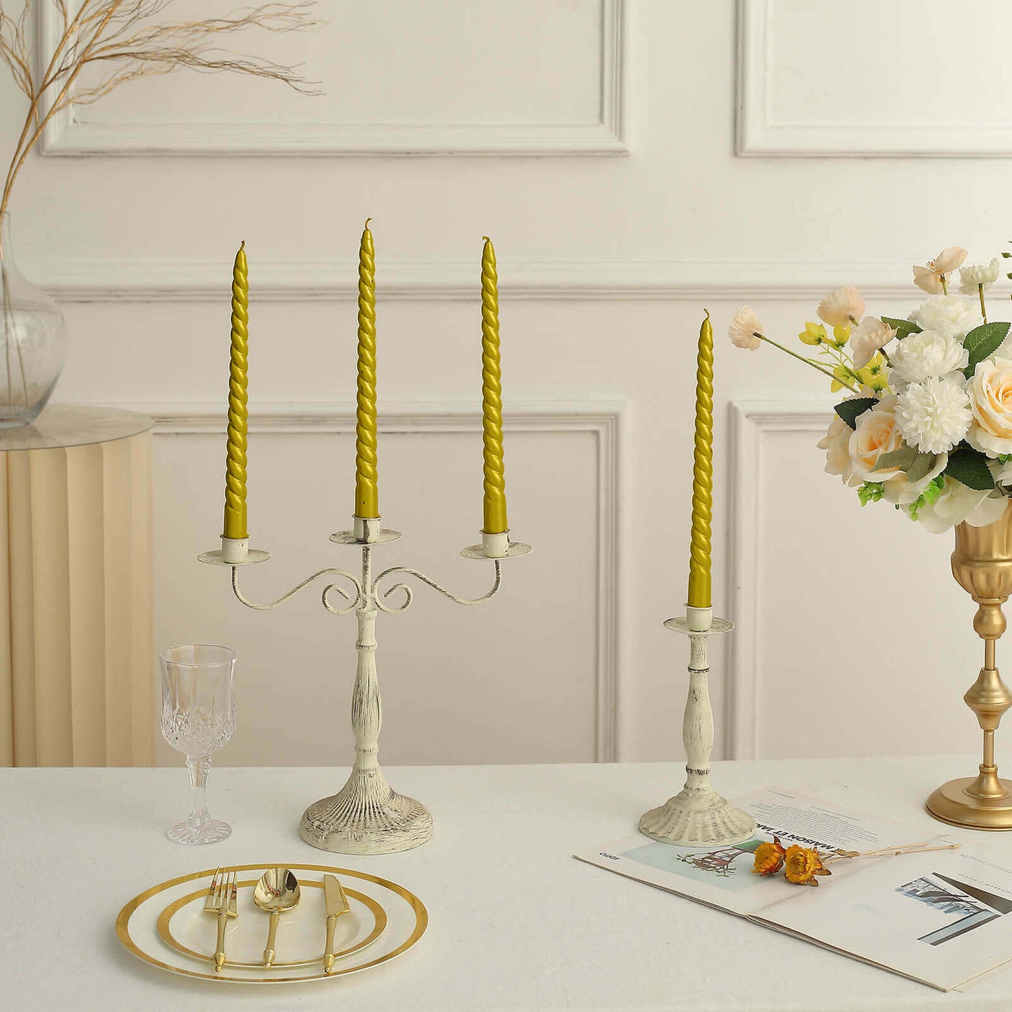 12-Pack Taper Candles Spiral Long Burn Wick Design Gold - Premium Unscented Wax Dinner Candle Sticks 11"