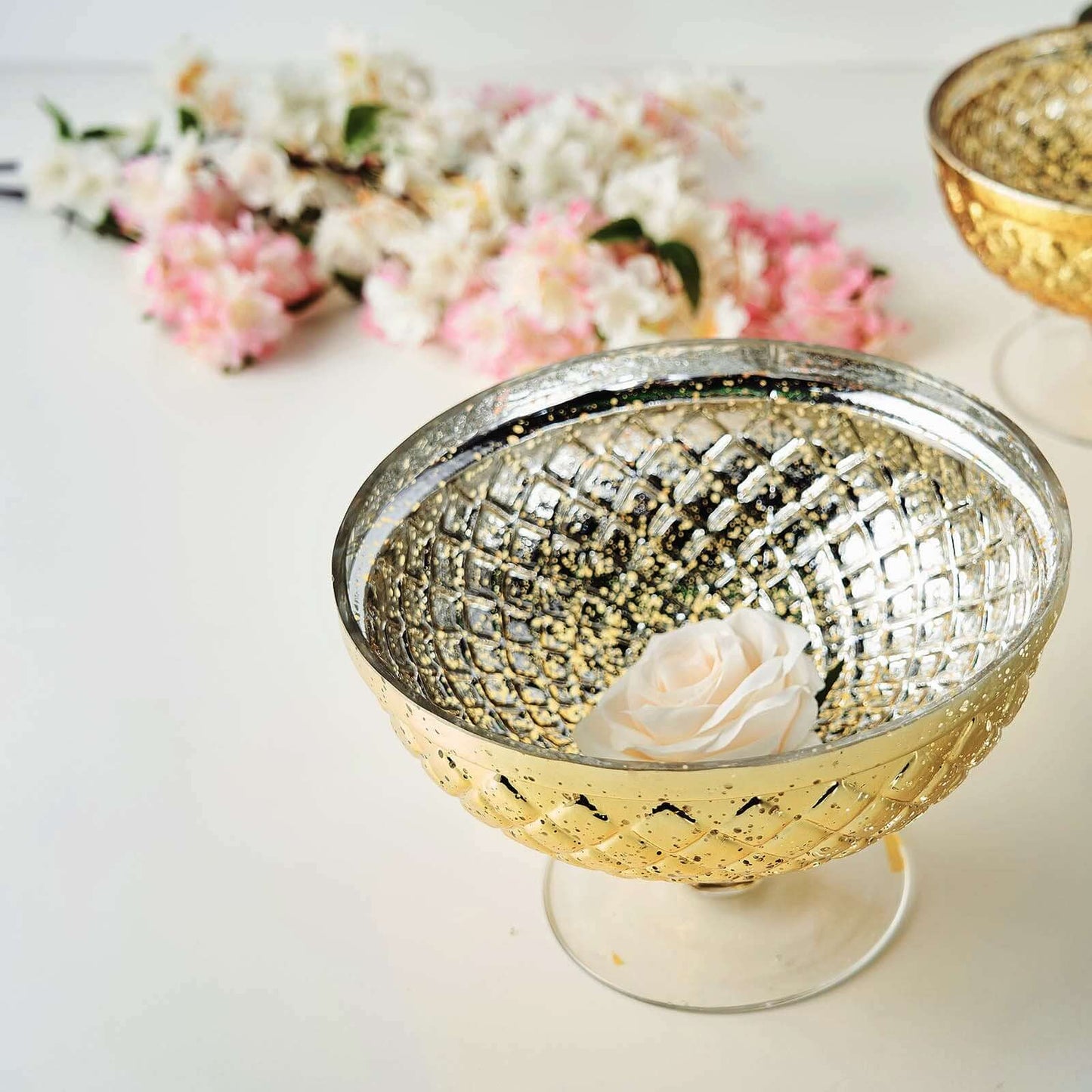 Mercury Glass Pedestal Bowl Vase Compote Style Gold - Sophisticated Floral Table Decor for Events 8"
