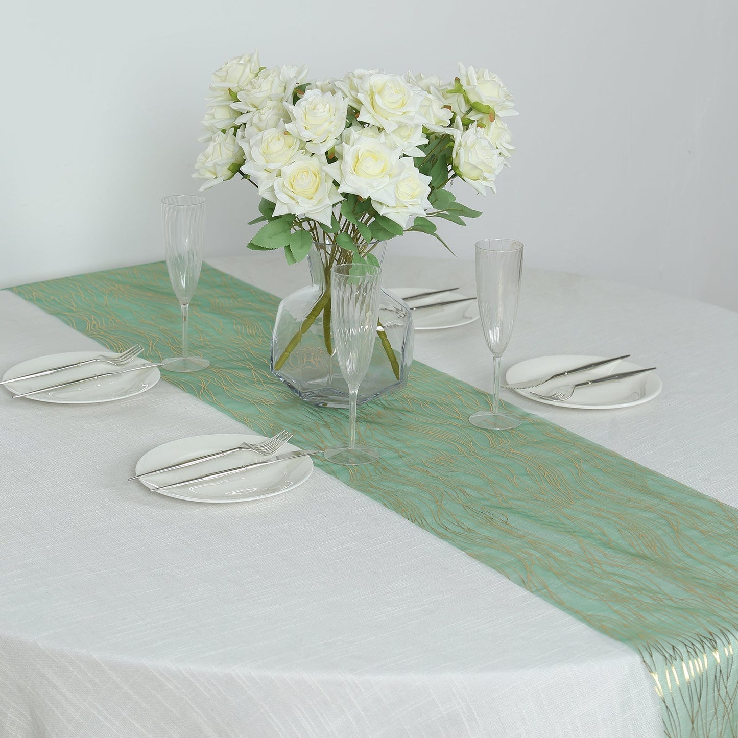 5 Pack Organza 12"x108" Table Runners Hunter Emerald Green - Gold Wave Design