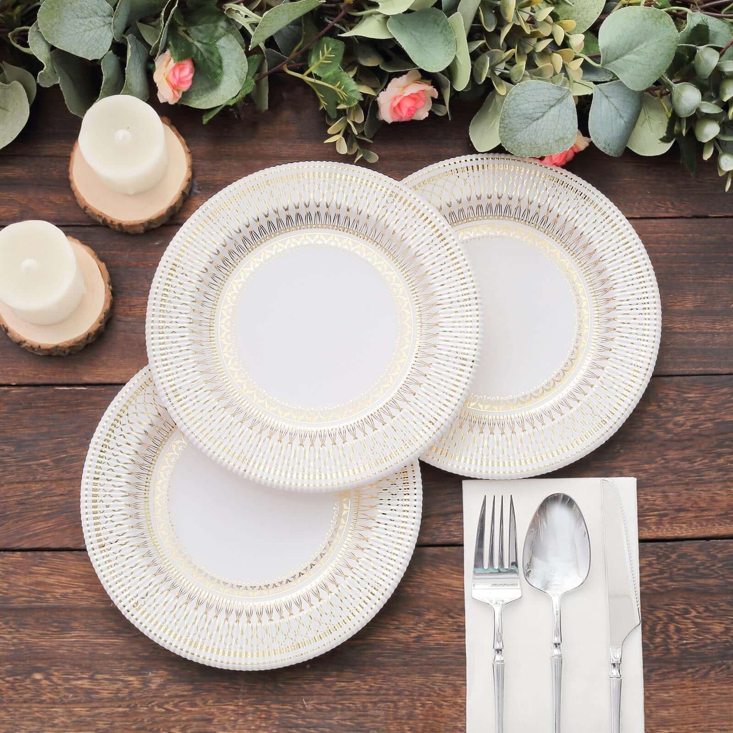 25-Pack Paper 8" Round Dessert Plates in White with Gold Vintage Porcelain Style Rim - Disposable 300GSM Salad Appetizer Plates