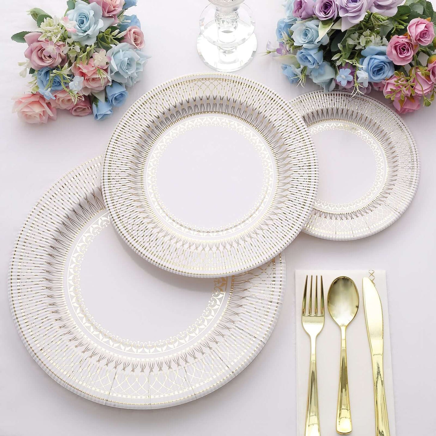 25-Pack Paper 8" Round Dessert Plates in White with Gold Vintage Porcelain Style Rim - Disposable 300GSM Salad Appetizer Plates