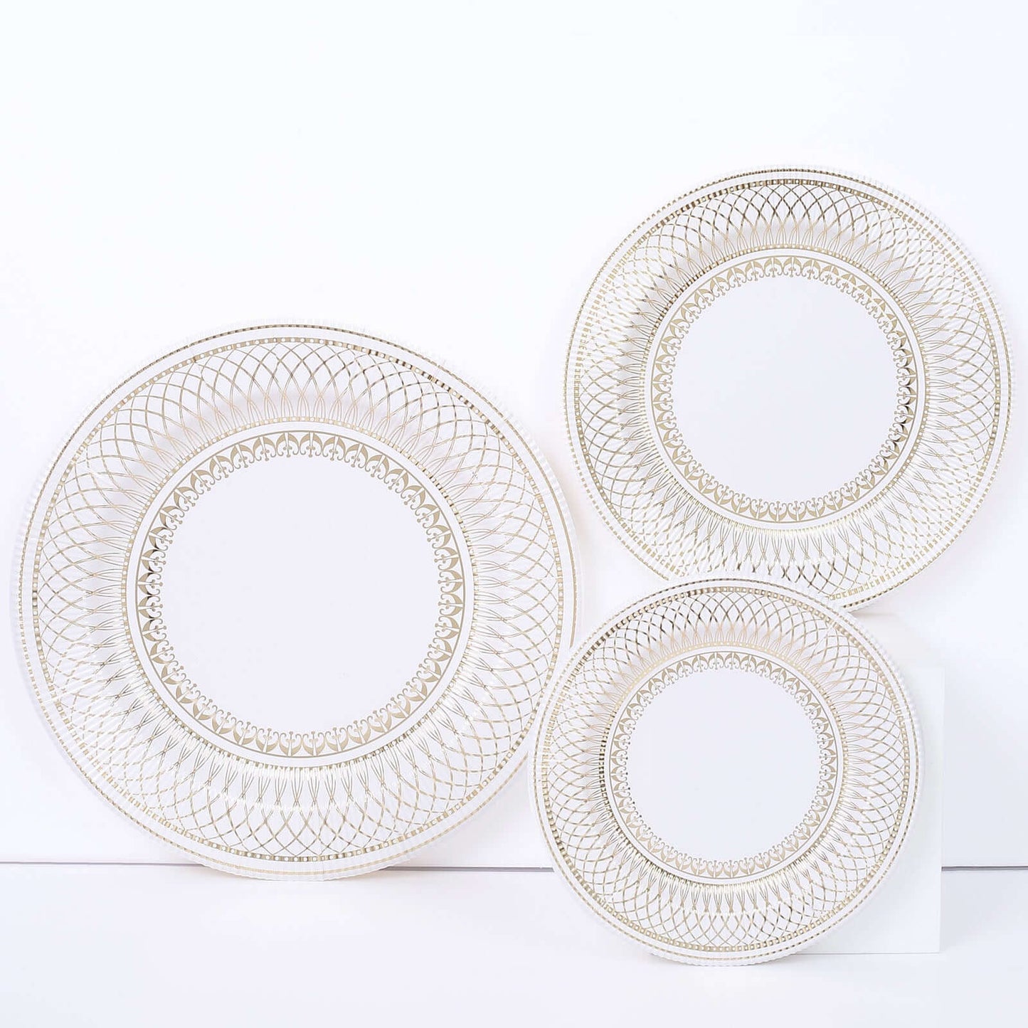 25-Pack Paper 8" Round Dessert Plates in White with Gold Vintage Porcelain Style Rim - Disposable 300GSM Salad Appetizer Plates