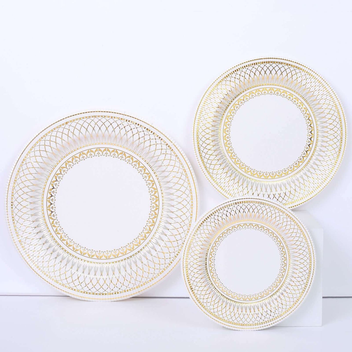 25-Pack Disposable Round Charger Plates in White/Gold Vintage Style - 350GSM Durable Paper Chargers for Events 13"