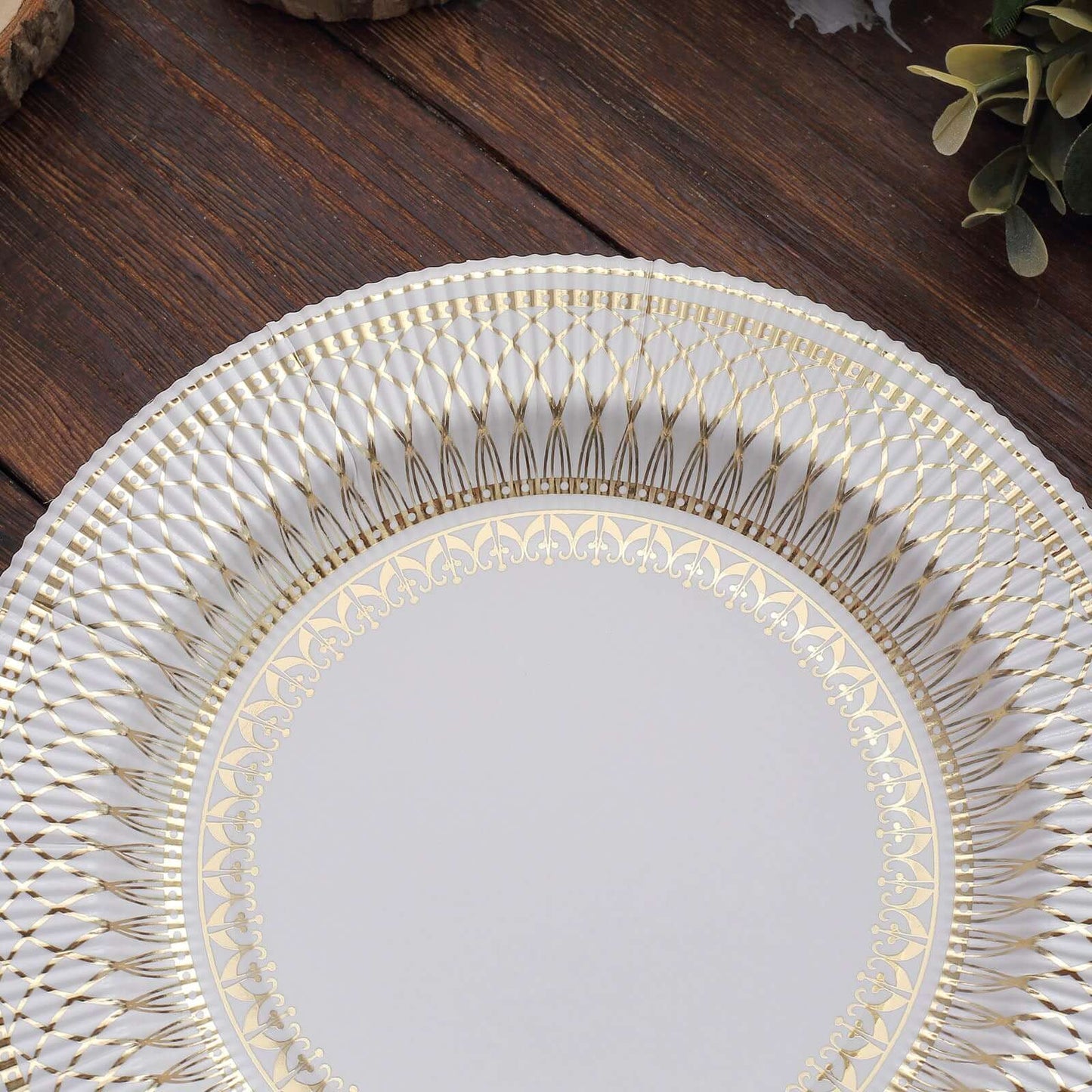 25-Pack Paper 8" Round Dessert Plates in White with Gold Vintage Porcelain Style Rim - Disposable 300GSM Salad Appetizer Plates