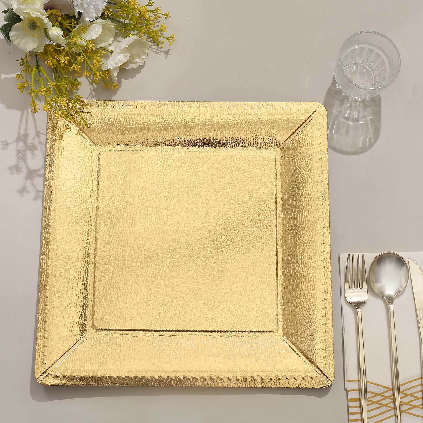 10-Pack Disposable Square Charger Plates in Gold with Leather Like Texture - 1100GSM Durable Paper Chargers 13"