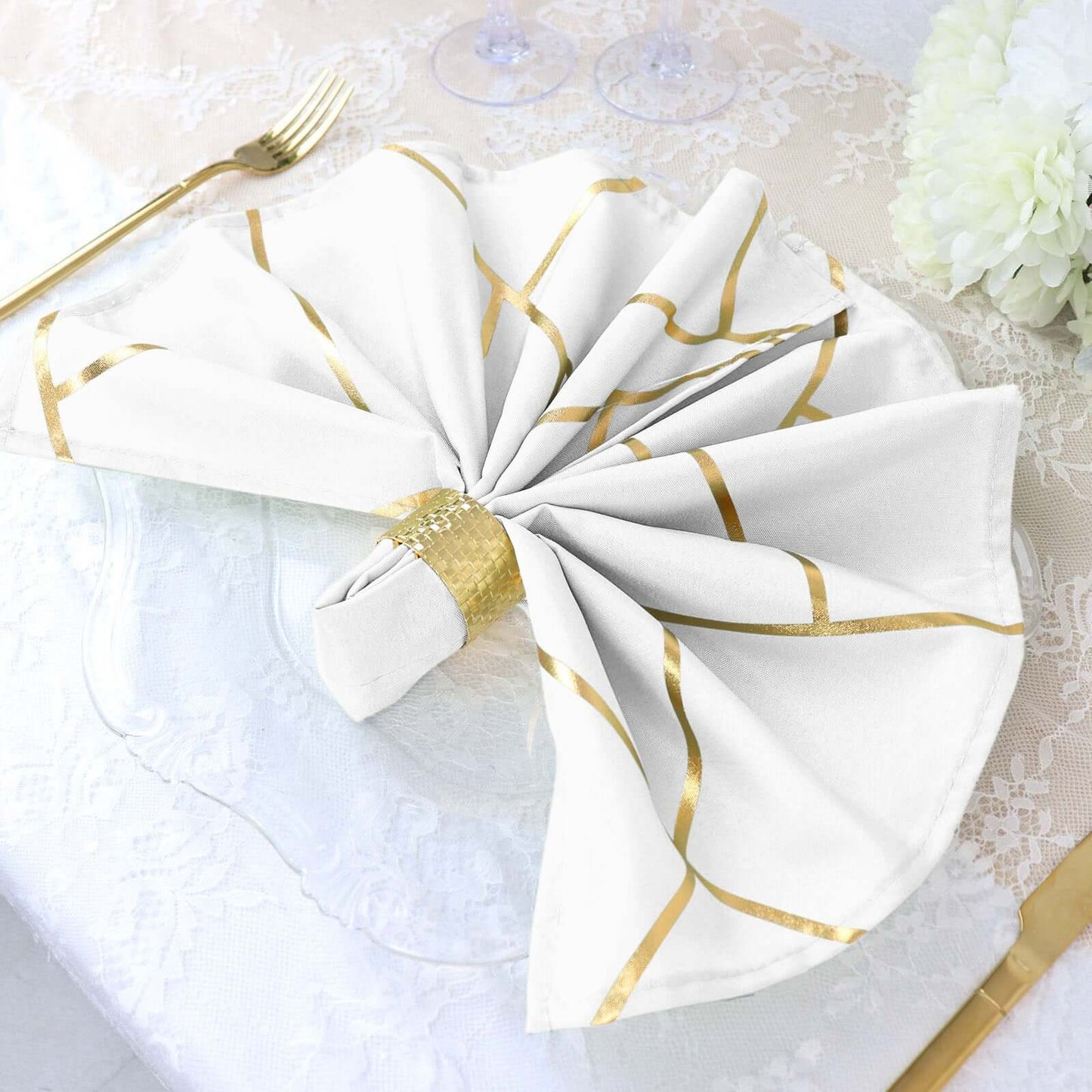 5 Pack Polyester 20"x20" Napkins White with Gold Geometric Foil Pattern - Modern Reusable Dinner Napkins for Home & Events