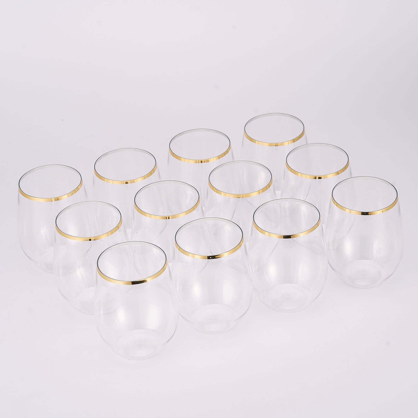 12-Pack Plastic Wine Tumblers Clear with Gold Rim - Reusable Drinkware 12oz