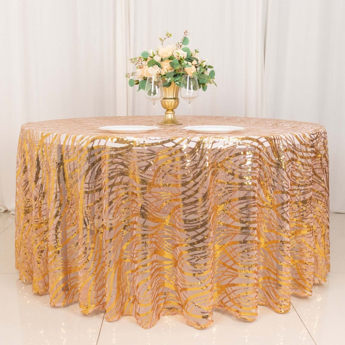 Sequin Mesh 120" Round Tablecloth Rose Gold/Gold - Seamless Wave Embroidered Table Cover