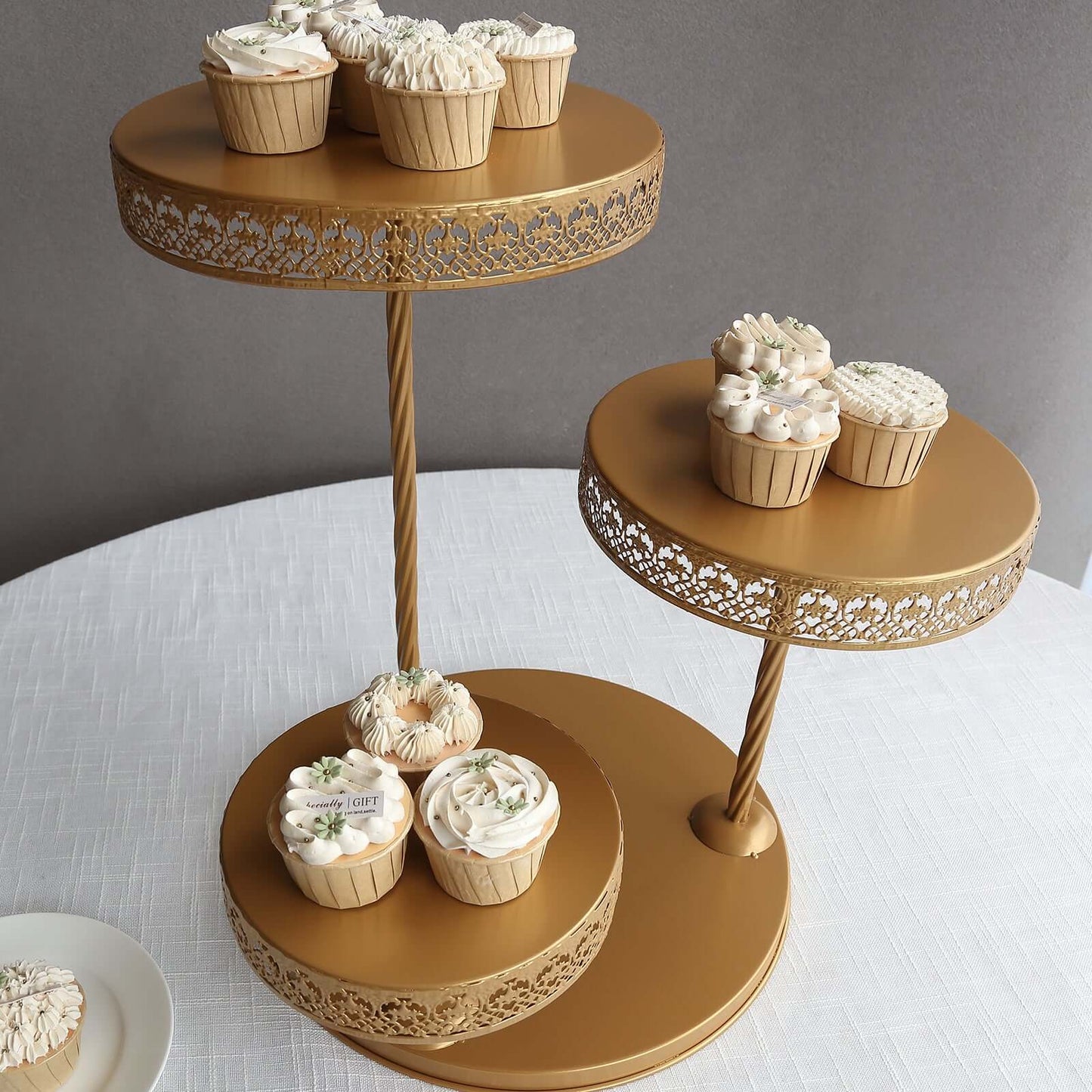 3-Tier Dessert Stand Hollow Lace Round Design Gold - Cupcake Tower and Tiered Cake Display Metal 21"