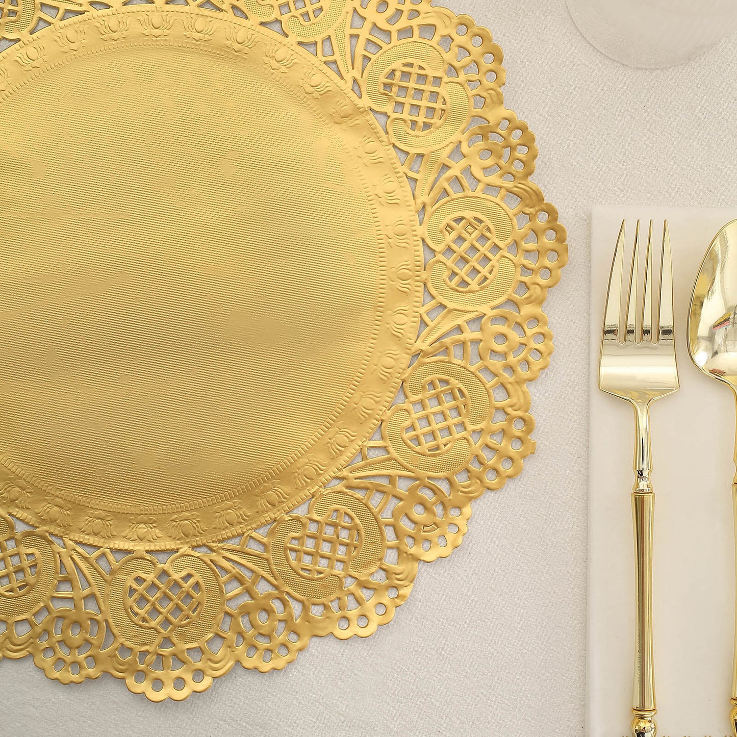 50 Pcs Paper 12" Round Placemats in Gold - Food Grade Lace Paper Doilies for Dessert Display & Table Decor