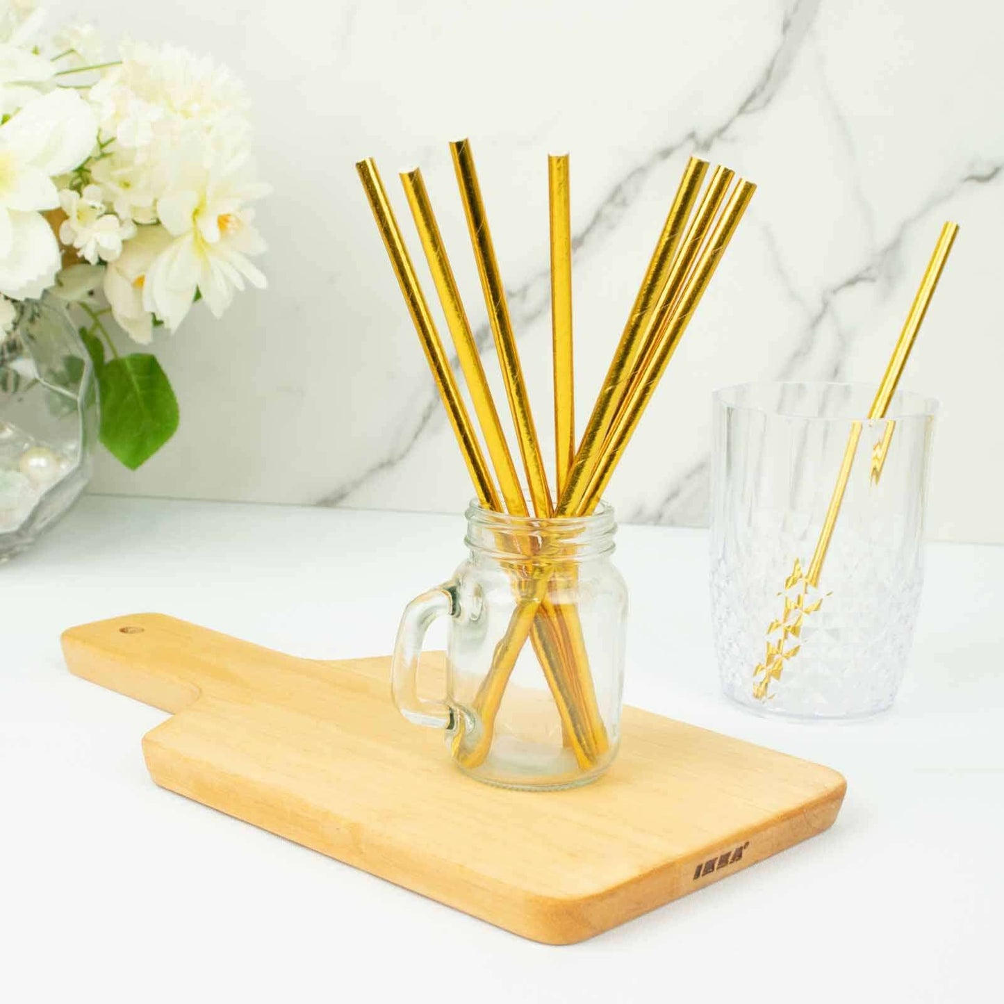 50-Pack Paper Drinking Straws Metallic Gold Foil Food Grade - Disposable Biodegradable Straws for Events 8"
