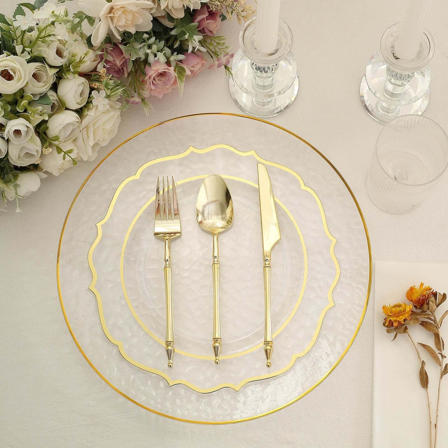 6-Pack Economy Plastic Round Charger Plates 13" in Clear Hammered Design with Gold Rim, Decorative Dinner Party Serving Plates
