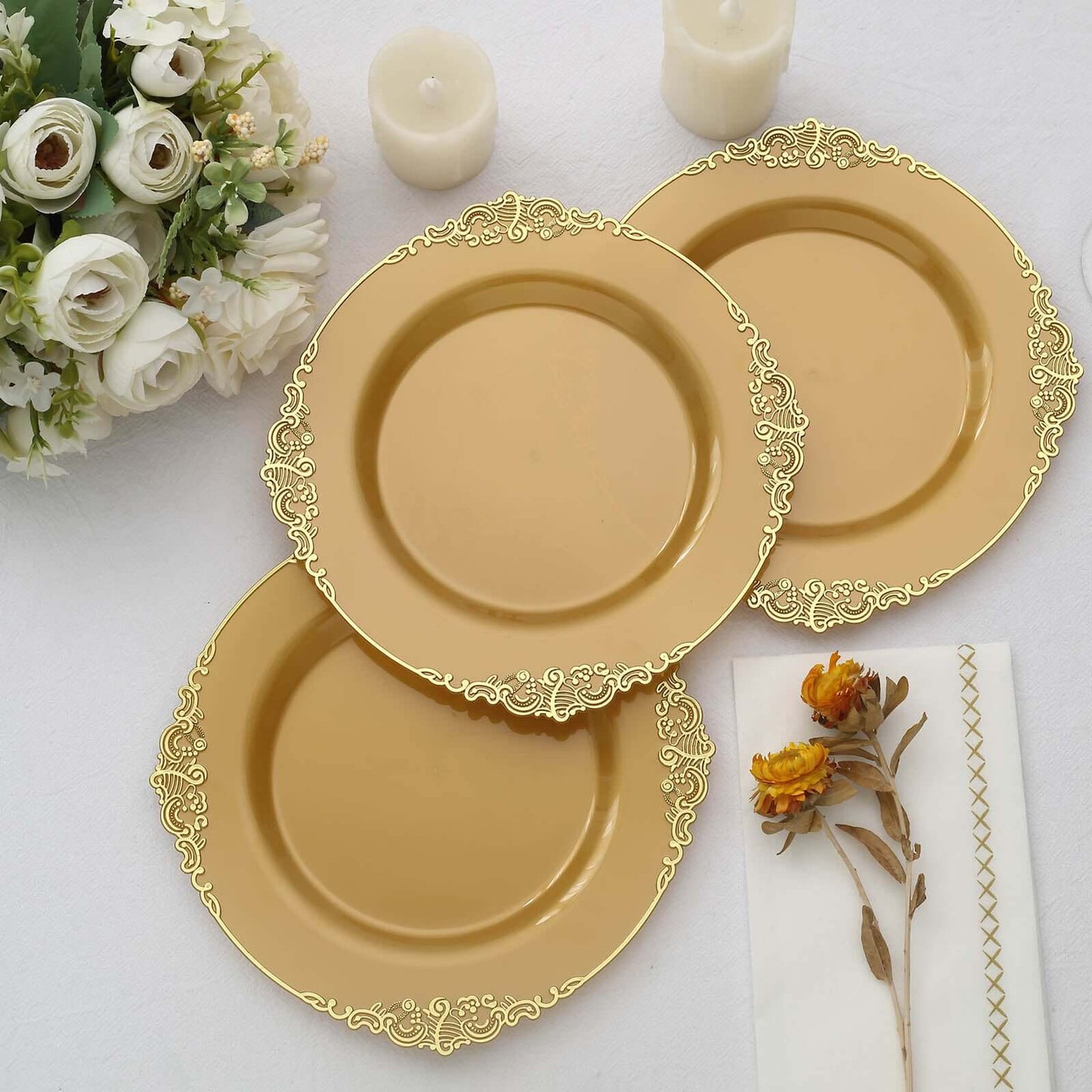 10-Pack Plastic 8" Round Dessert Plates in Gold with Leaf Embossed Rim - Disposable Vintage Baroque Style Salad Plates for Luxurious Gatherings & Events