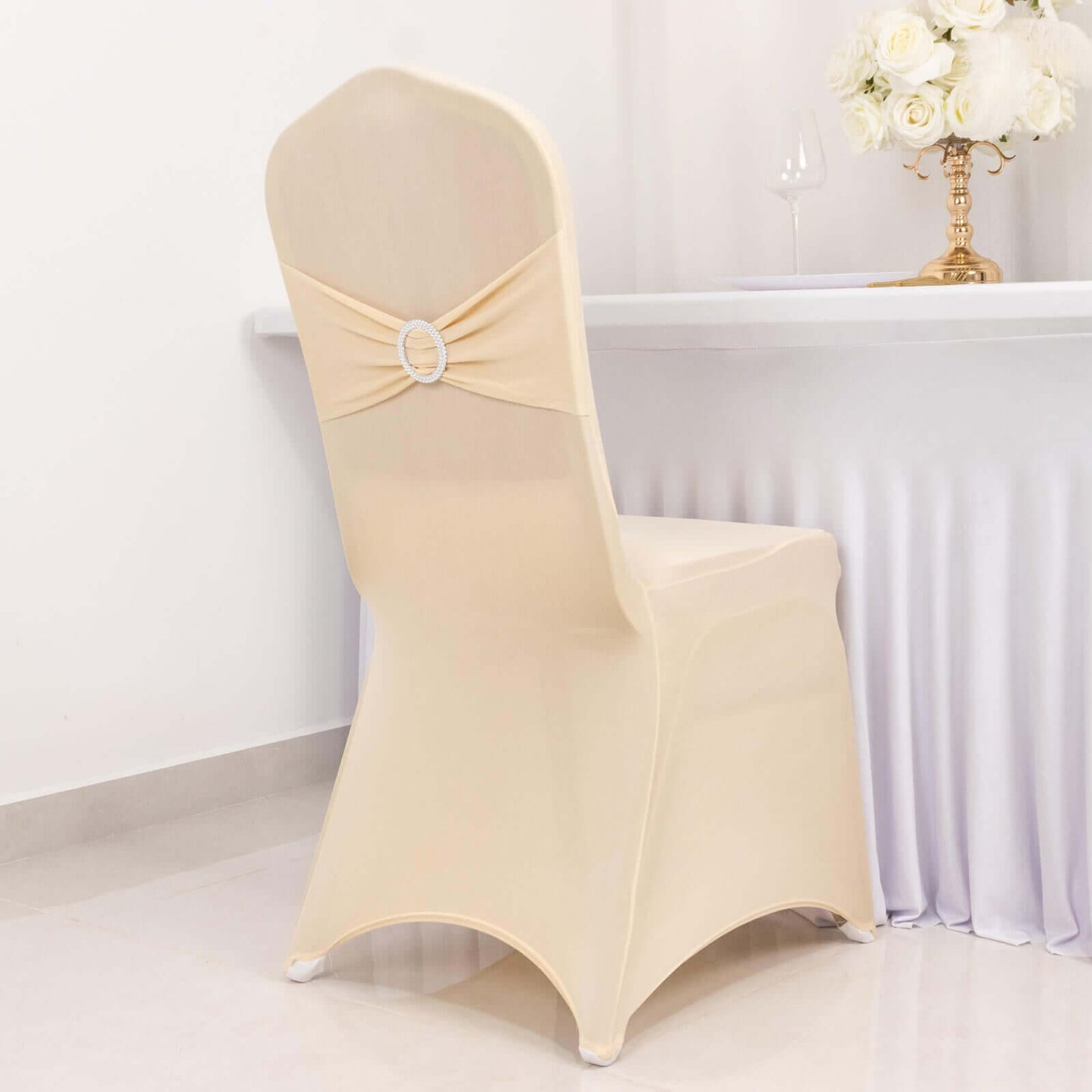 Spandex Chair Cover with Silver Rhinestone Buckled Sash Band Beige - Stretch Fitted Slipcover
