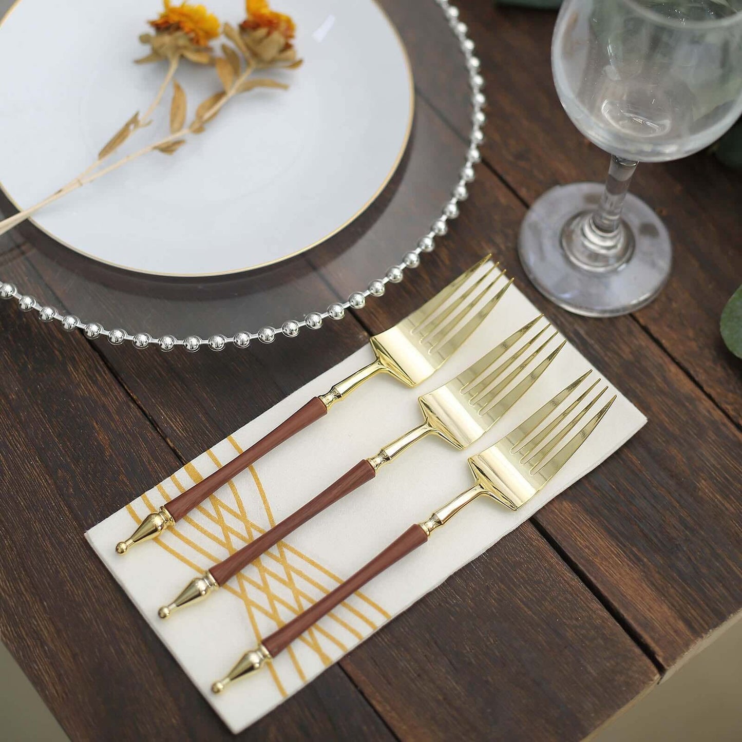 24-Pack Plastic Forks with Roman Column Handle Gold/Brown - European Style Disposable Utensils 8"