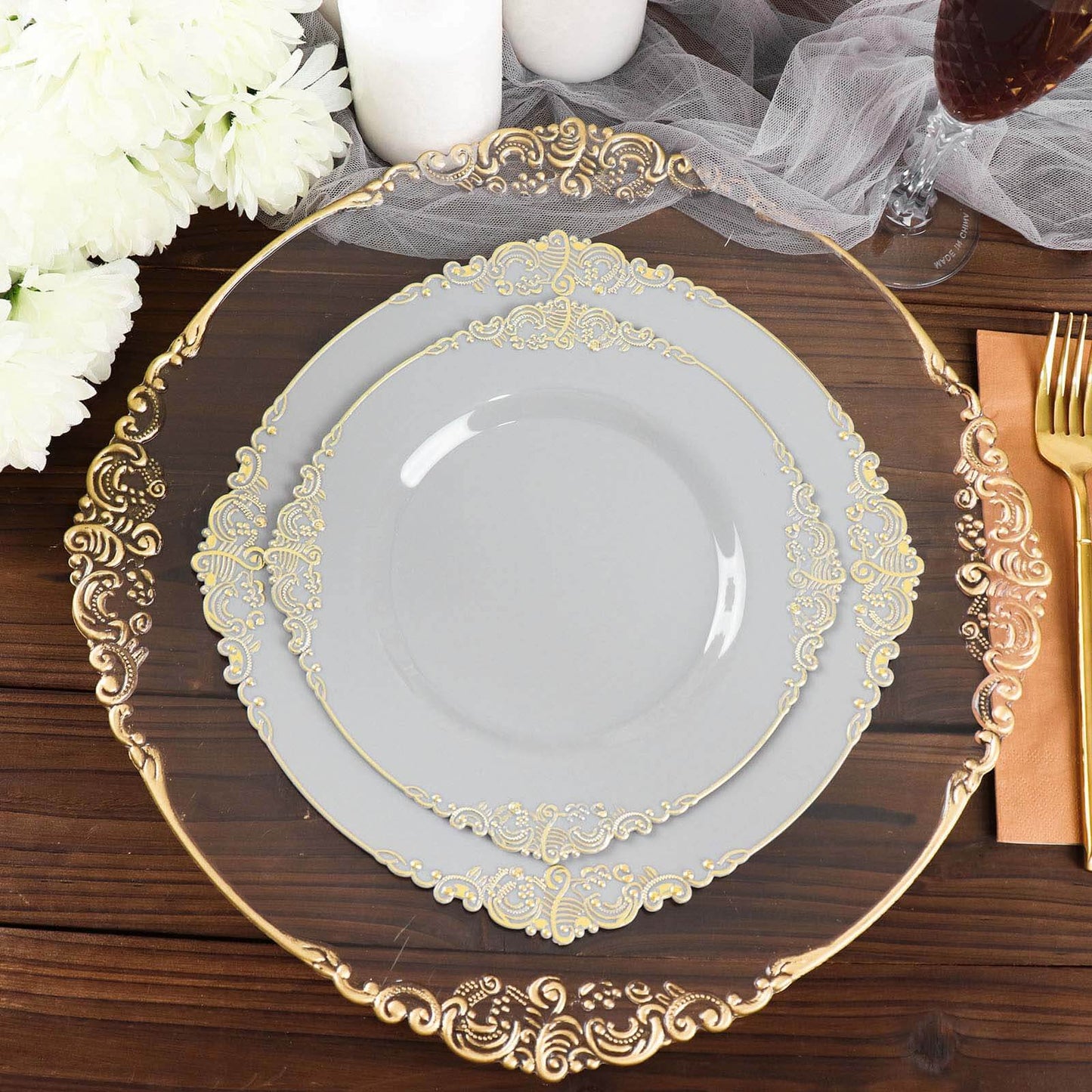 10-Pack Plastic 10" Round Dinner Plates in Gray with Gold Leaf Embossed Rim - Disposable Vintage Baroque Style Plates