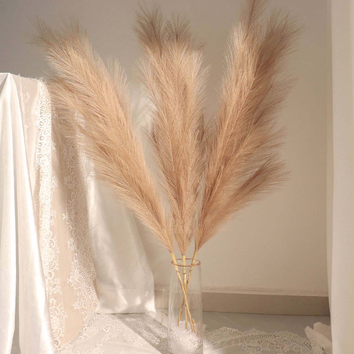 3 Stems Artificial Pampas Grass Decor Taupe - Soft Realistic Faux Ornamental Grass Branches for Rustic Boho Chic Backdrops Floral Styling & Vase Displays 44"