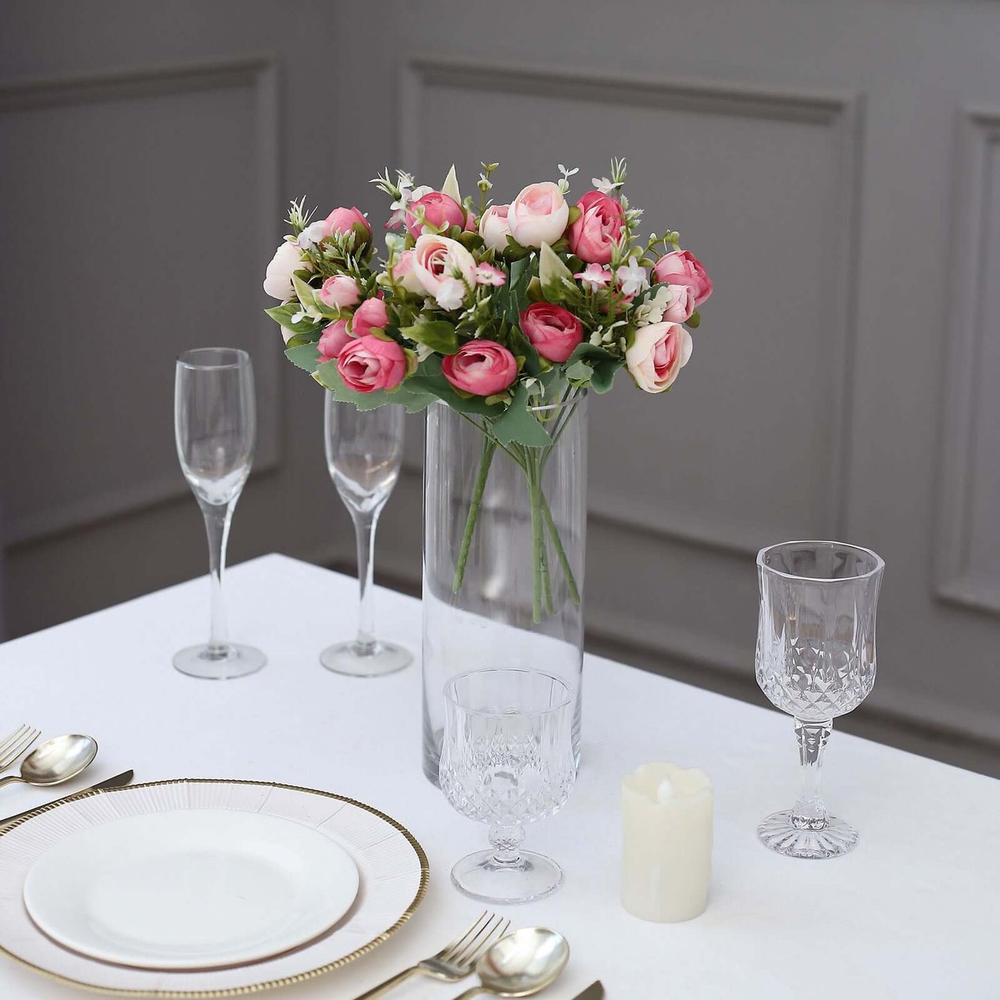 4 Pack 12" Artificial Pink Ranunculus Silk Flower Bridal Bouquets, Faux Buttercup Floral Arrangement