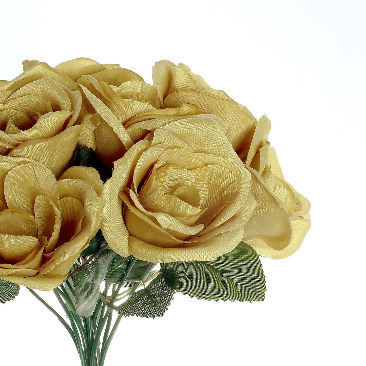 12" Gold Artificial Velvet-Like Fabric Rose Flower Bouquet Bush