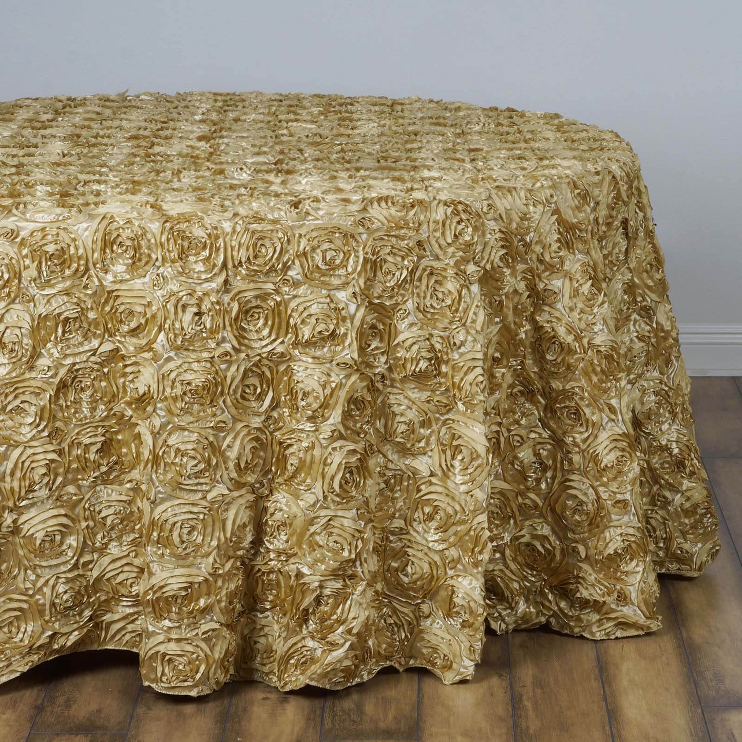 Satin 132" Round Tablecloth Champagne - Seamless Grandiose 3D Rosette Table Cover