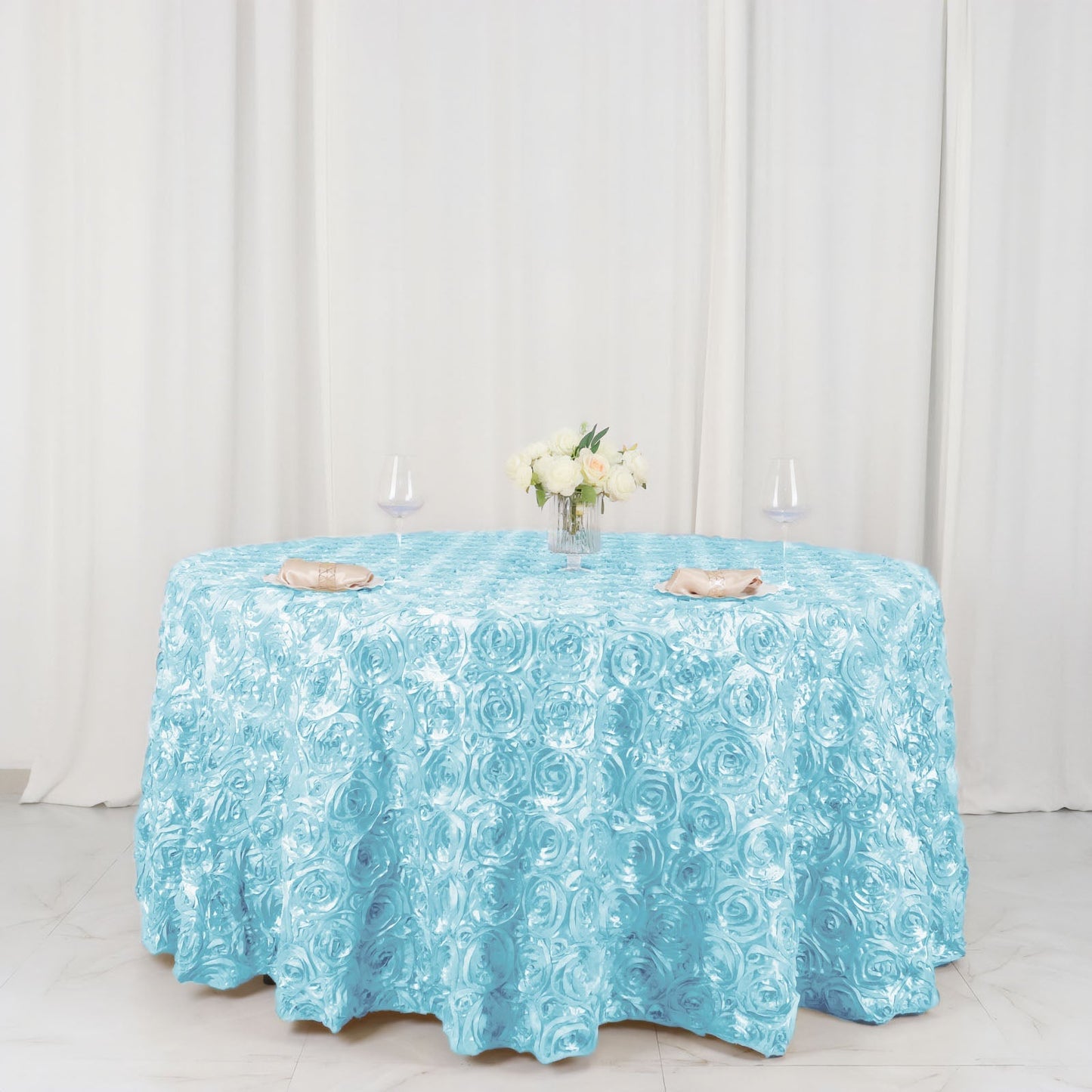 Satin 120" Round Tablecloth Light Blue - Grandiose 3D Rosette with Seamless Finish Table Cover