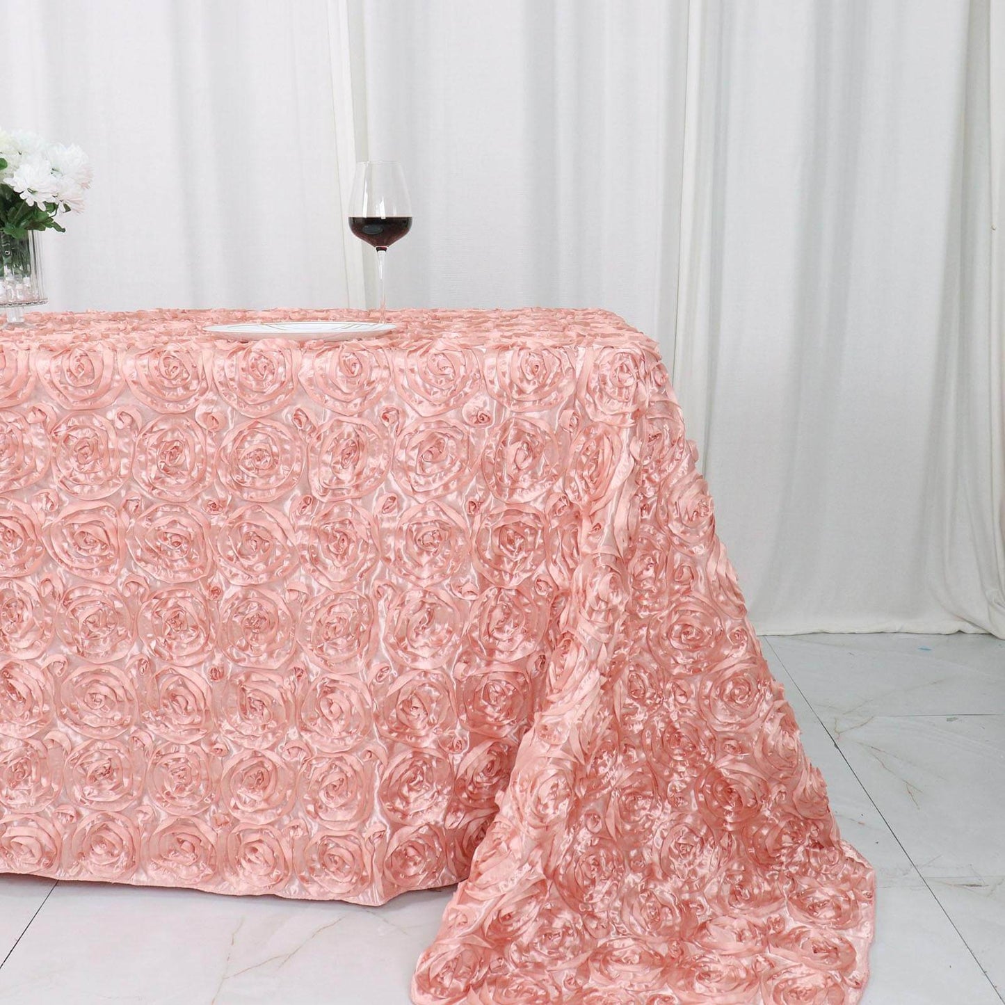 Satin 90"x132" Rectangle Tablecloth Dusty Rose - Grandiose 3D Rosette Seamless Table Cover