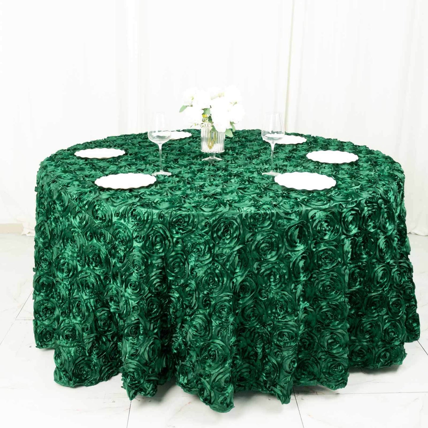 Satin 120" Round Tablecloth Hunter Emerald Green - Grandiose 3D Rosette with Seamless Finish Table Cover