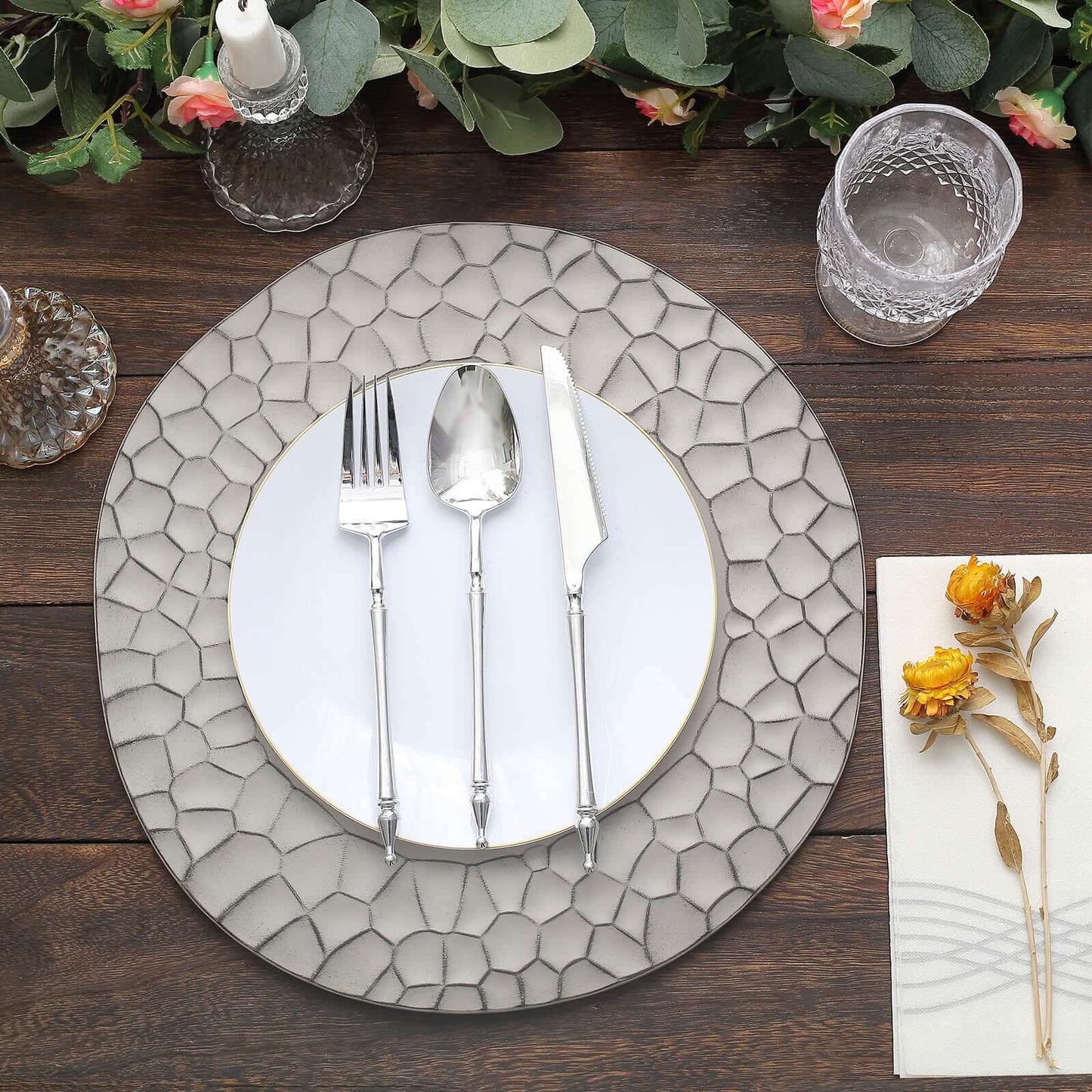 6-Pack Round Charger Plates 13" in Gray with Hammered Rim, Matte Finish Modern Dinner Charger Tableware