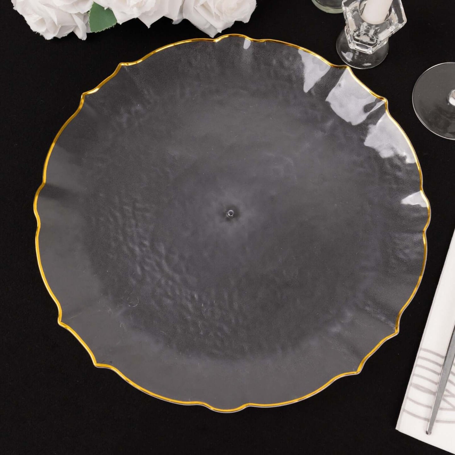 20 Pack Economy Plastic Round Charger Plates 13" in Clear Sunflower Design with Gold Scalloped Rim - Table Setting Plates