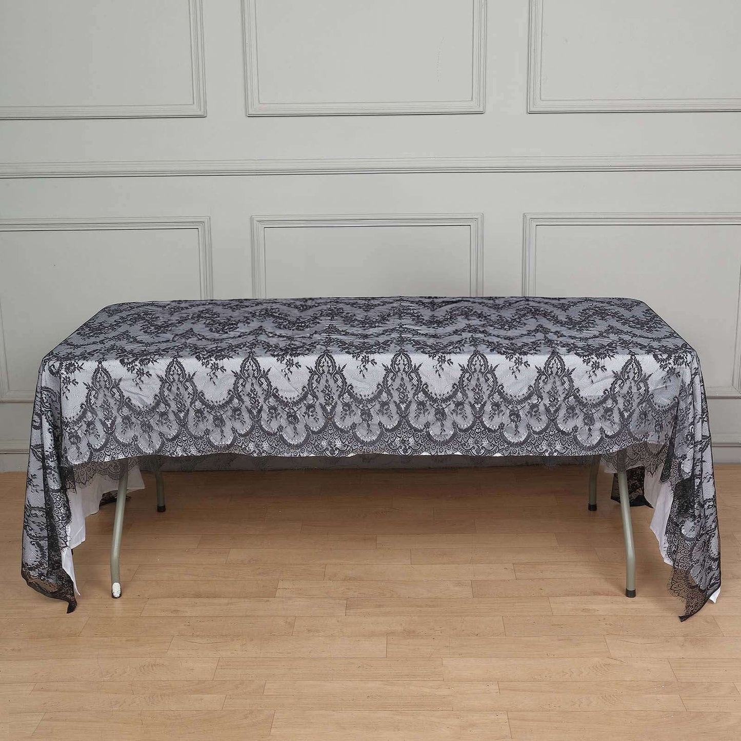Lace 60"x120" Rectangle Tablecloth Black - Vintage Lace Design with Scalloped Frill Edges