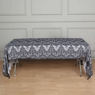 Lace 60"x120" Rectangle Tablecloth Black - Vintage Lace Design with Scalloped Frill Edges