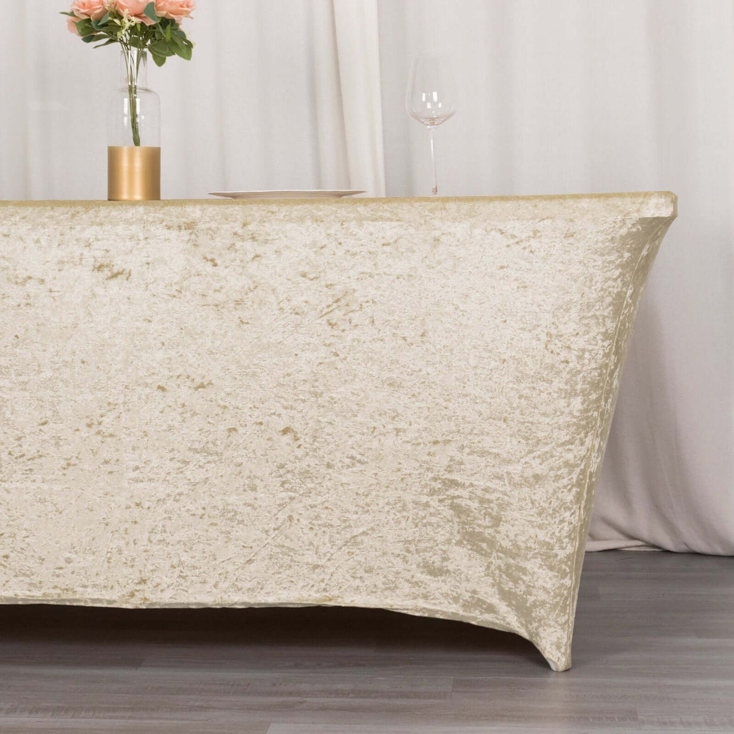 Crushed Velvet Fitted Rectangular 6ft Table Cover Beige - Wrinkle-Free Stretchy Tablecloth