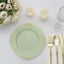10-Pack Plastic 8" Round Dessert Plates in Sage Green with Gold Leaf Embossed Rim - Disposable Vintage Baroque Style Salad Plates