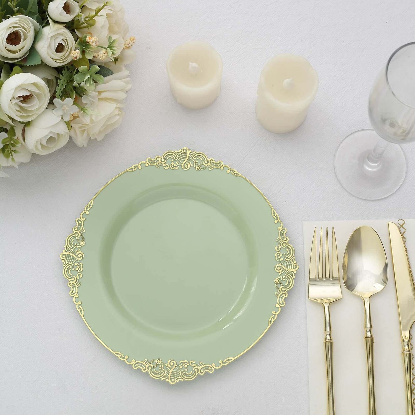 10-Pack Plastic 8" Round Dessert Plates in Sage Green with Gold Leaf Embossed Rim - Disposable Vintage Baroque Style Salad Plates