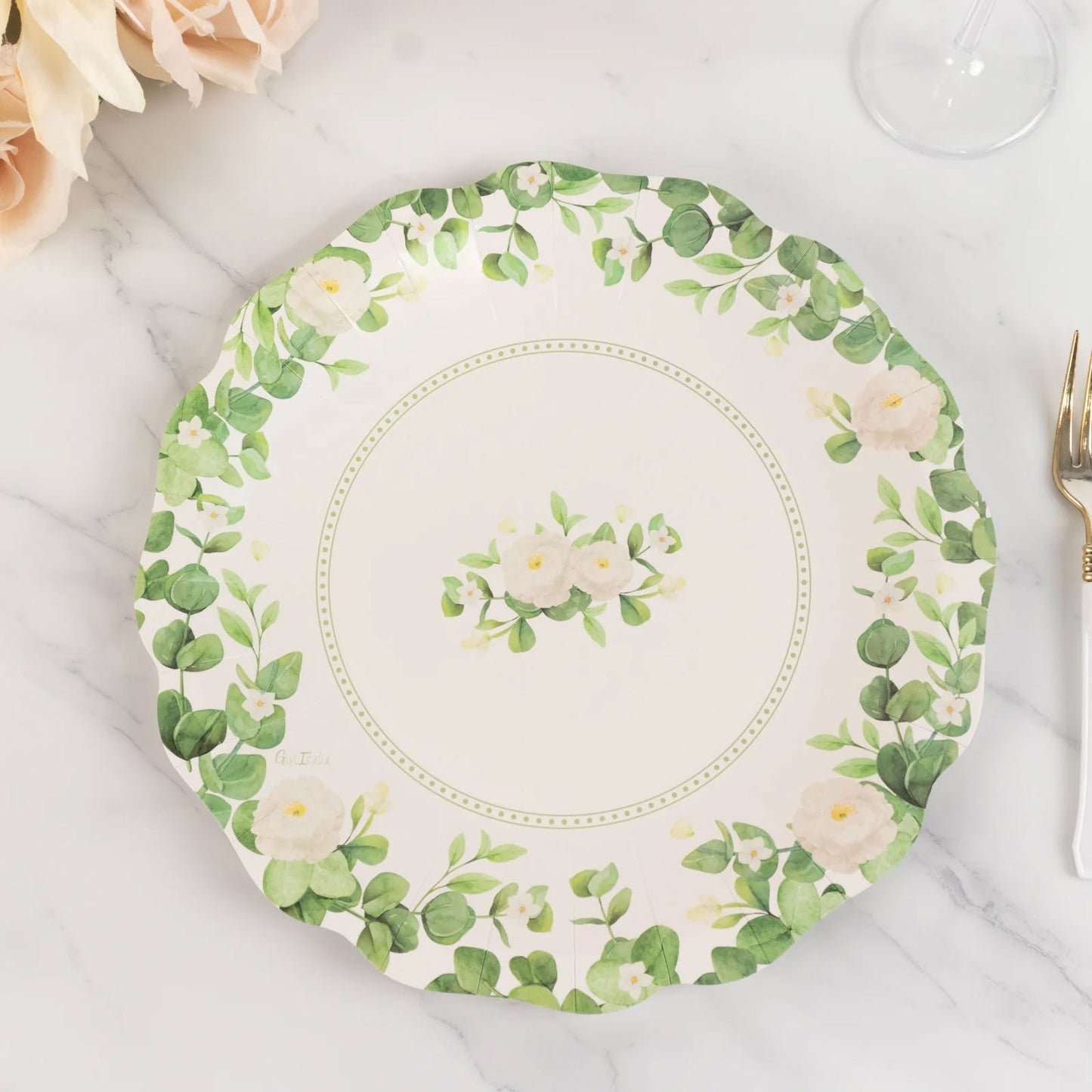 25-Pack Paper 11" Round Dinner Plates in White with Floral Greenery & Scalloped Edges - Disposable Party Plates for Nature-Inspired Events & Chic Celebrations
