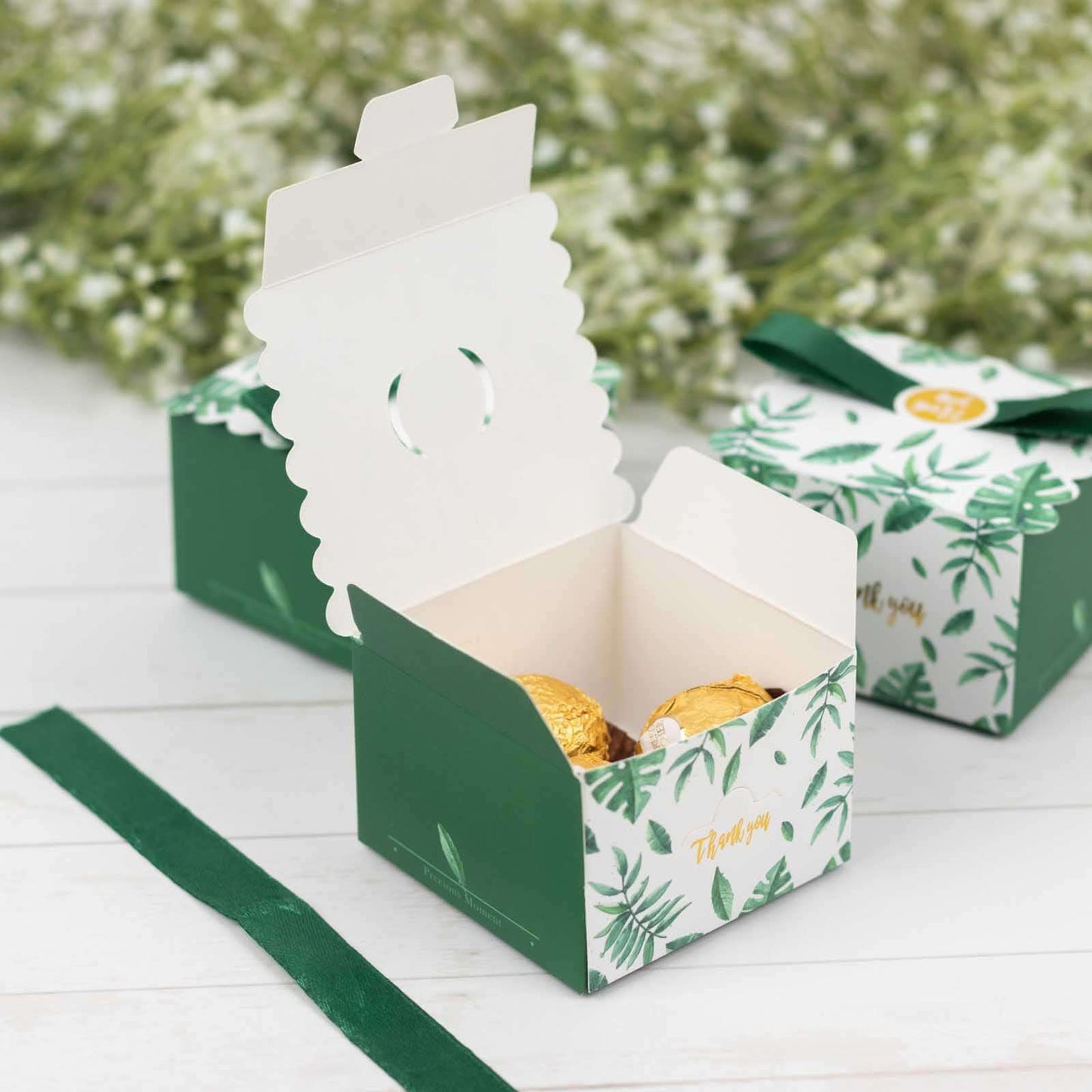 25 Pack Green Monstera Leaf Print Candy Gift Boxes with Satin Ribbon Bow, Thank You Cardstock Paper Party Favor Boxes - 2.5"x2.5"x2"