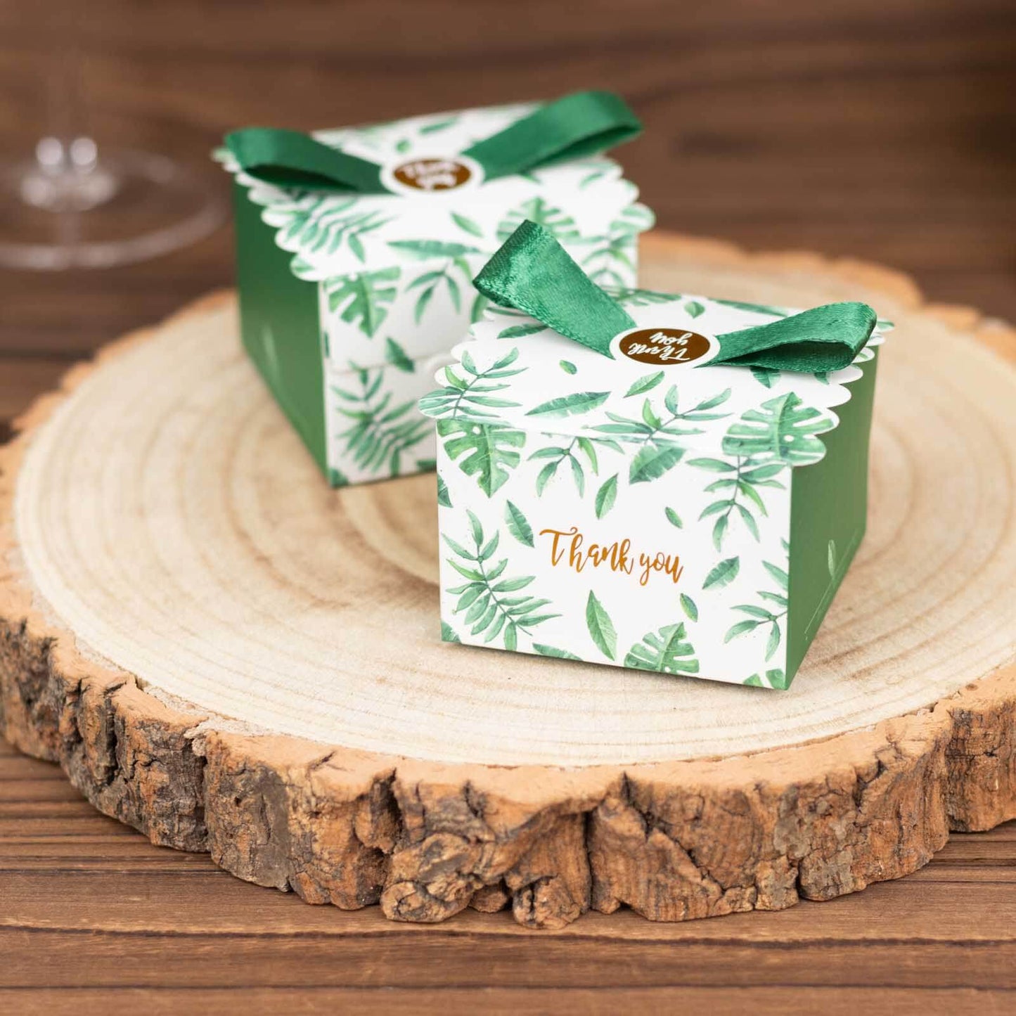 25 Pack Green Monstera Leaf Print Candy Gift Boxes with Satin Ribbon Bow, Thank You Cardstock Paper Party Favor Boxes - 2.5"x2.5"x2"